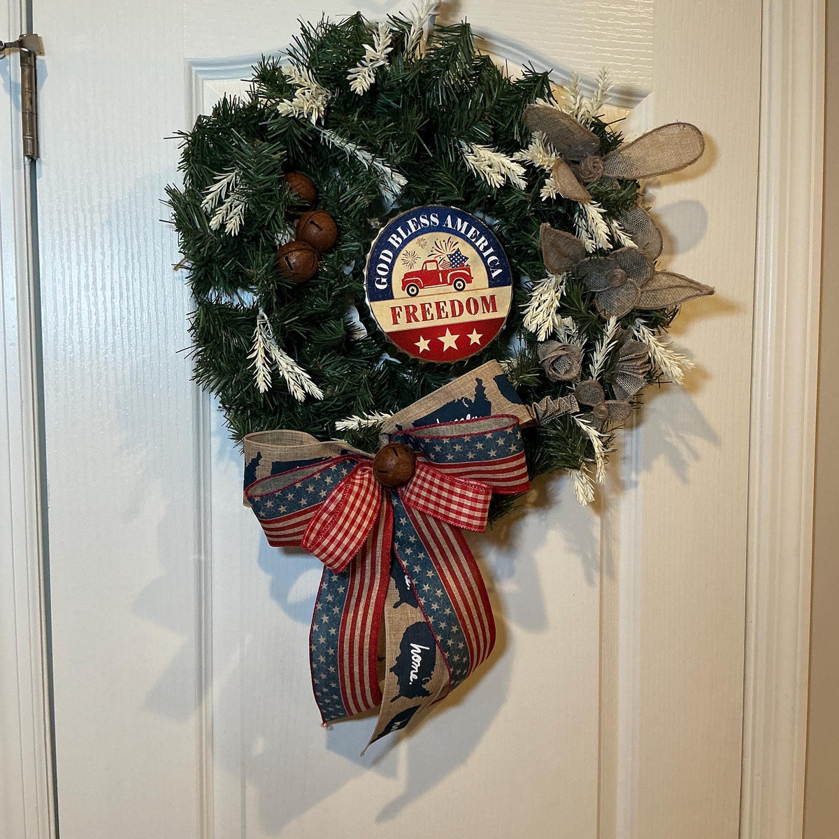 Red Truck Wreath, God Bless America Burlap Bow Rustic Farmhouse, Red White Blue Memorial Fourth of July Wreath