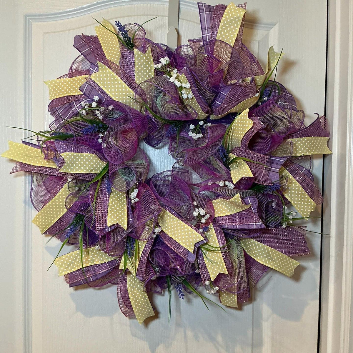 Purple Lavender Wreath, Farmhouse Style, Yellow Polka Dot Ribbon, Baby Breath Accents, 14 Inch
