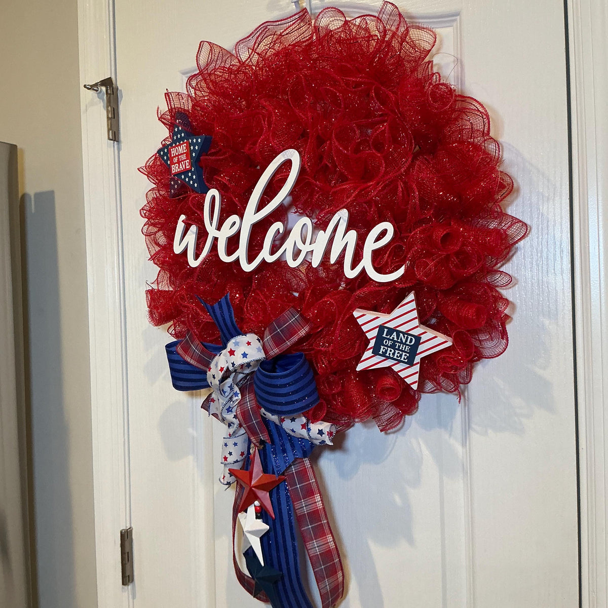 Deco Mesh Welcome Wreath, Home of the Brave Star Decor, Red White Blue Front Door, Land of the Free, Fourth of July Handmade NC