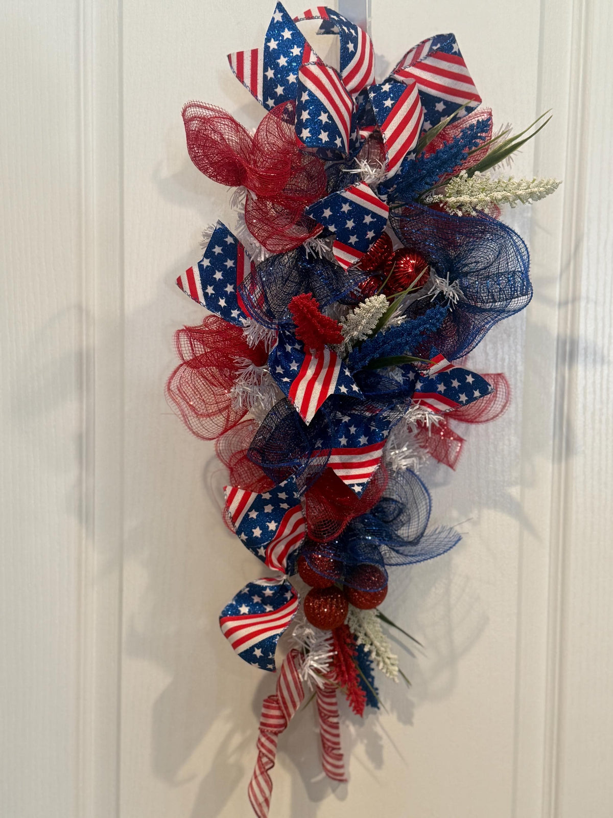 21 Inch Patriotic Teardrop Door Swag, Red White Blue Deco Mesh, Stars Stripes Ribbon