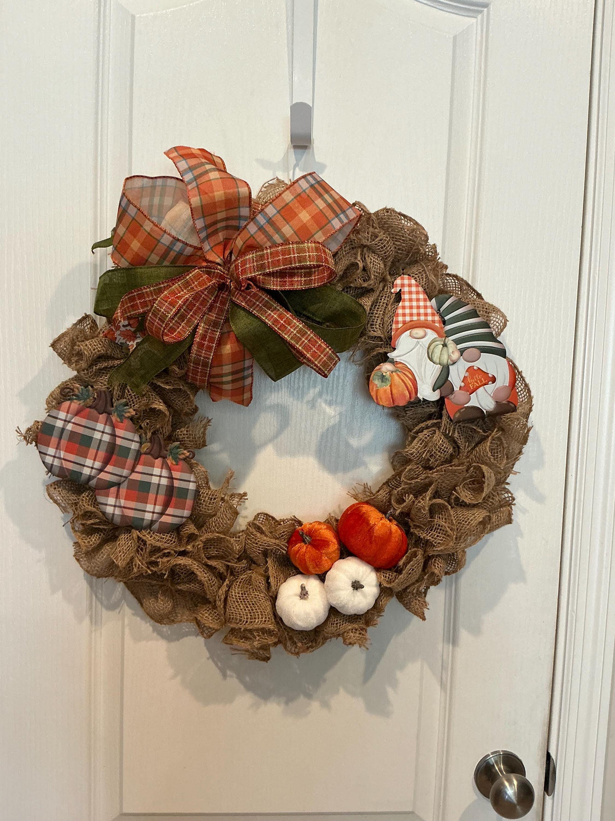 Fall Gnome Burlap Wreath, 18 Inch Pumpkin Welcome Sign with Plaid Bow — photo 4