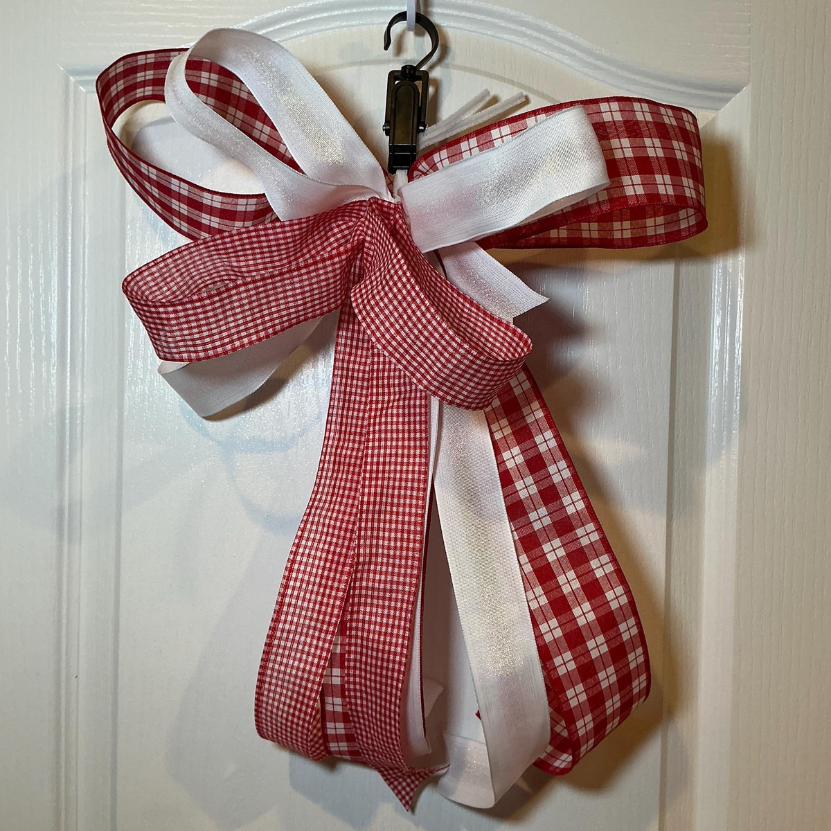 Red White Plaid Gingham Bow, Farmhouse Wreath Decor, Handmade Door Hanger — photo 4