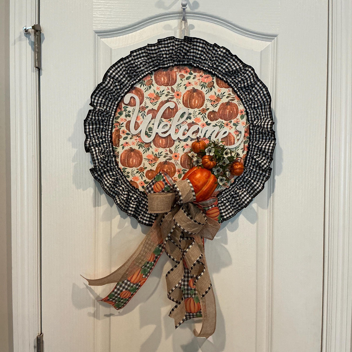 Pumpkin Welcome Fall Wreath, 14 Inch Buffalo Check Farmhouse Door Decor — photo 5