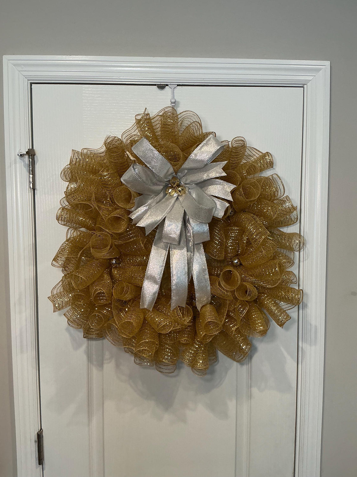 Gold Mesh Wreath 16in Silver Bow Classic Christmas Front Door Wreath Holiday Decor Silver Gold Jingle Bells Elegant — photo 3