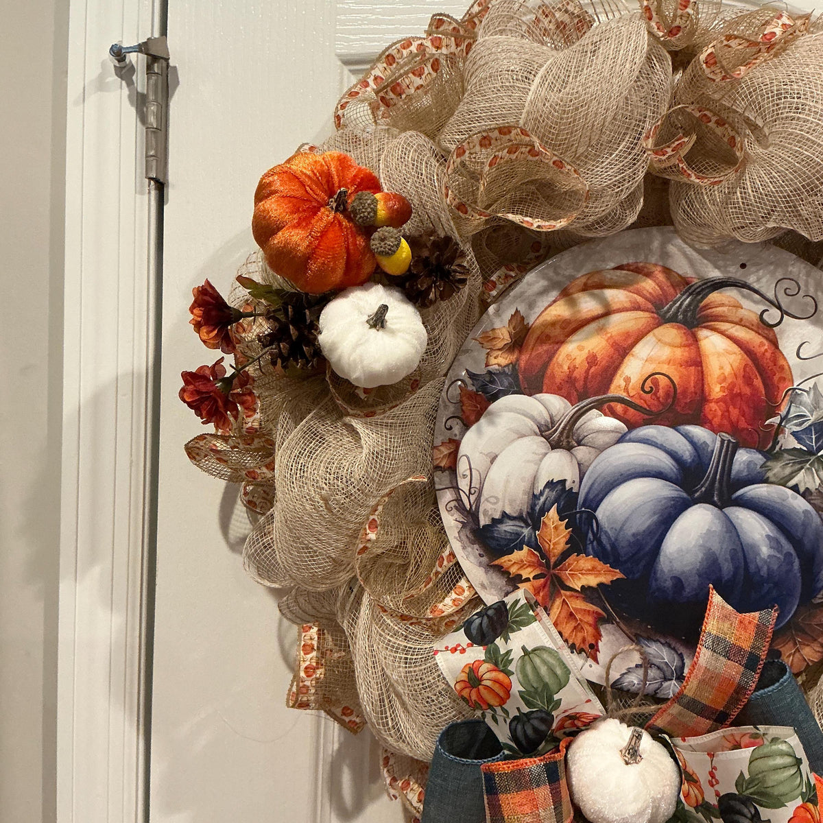 Navy Blue Pumpkin Fall Wreath, 18 Inch Burlap Mesh with Autumn Sign — photo 8