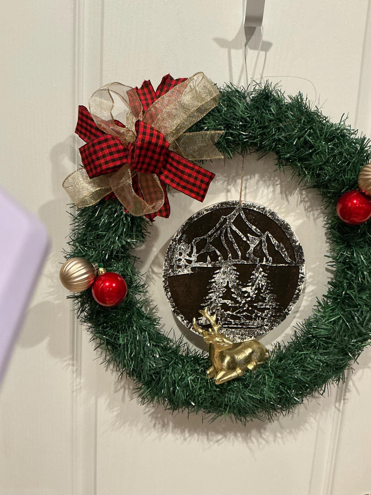 Rustic Christmas Wreath: Buffalo Plaid, Mountain Scene, Deer, 18 Inch Farmhouse Decor — photo 4