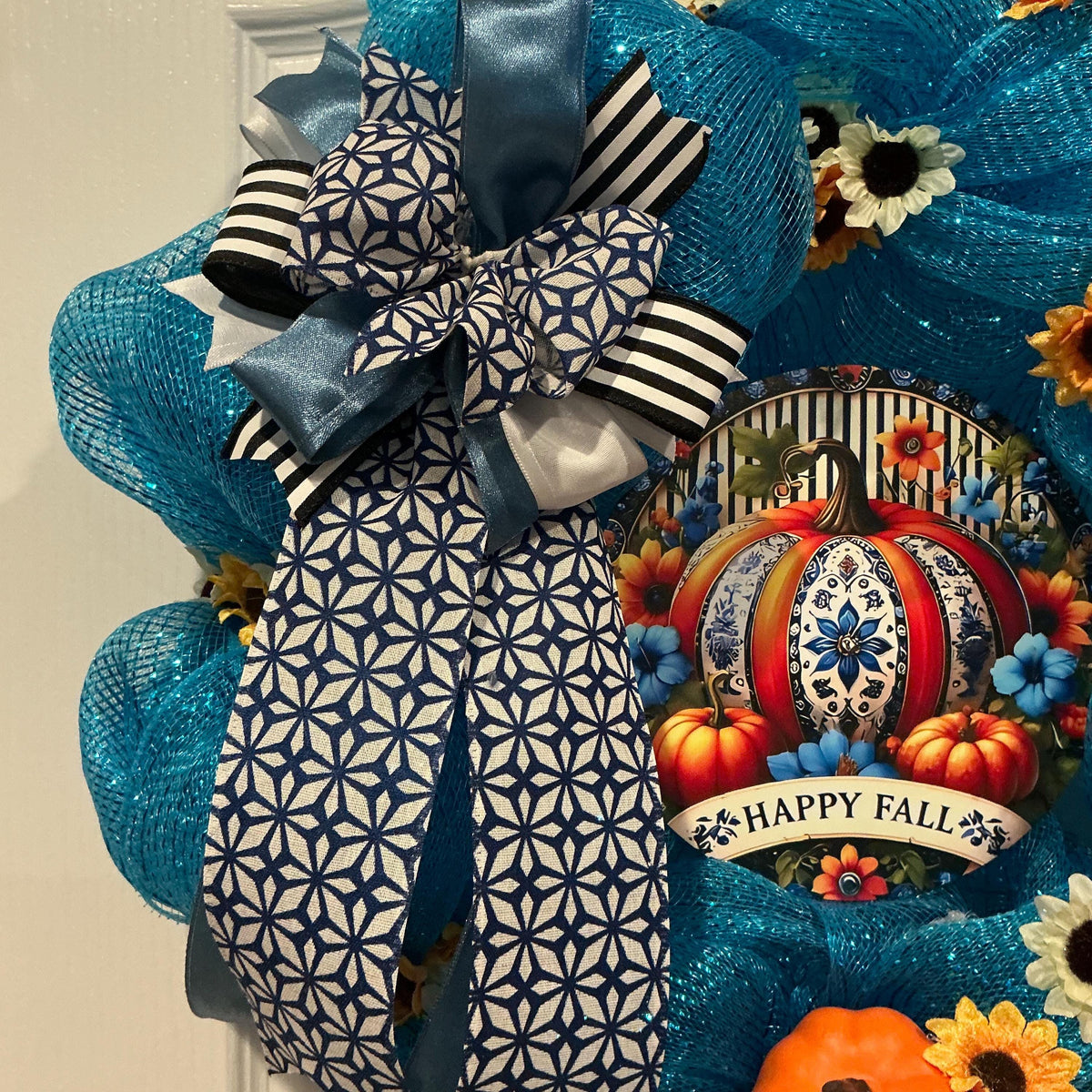 Blue Fall Deco Mesh Wreath with Pumpkin Sign and Sunflowers, 16 Inch — photo 10