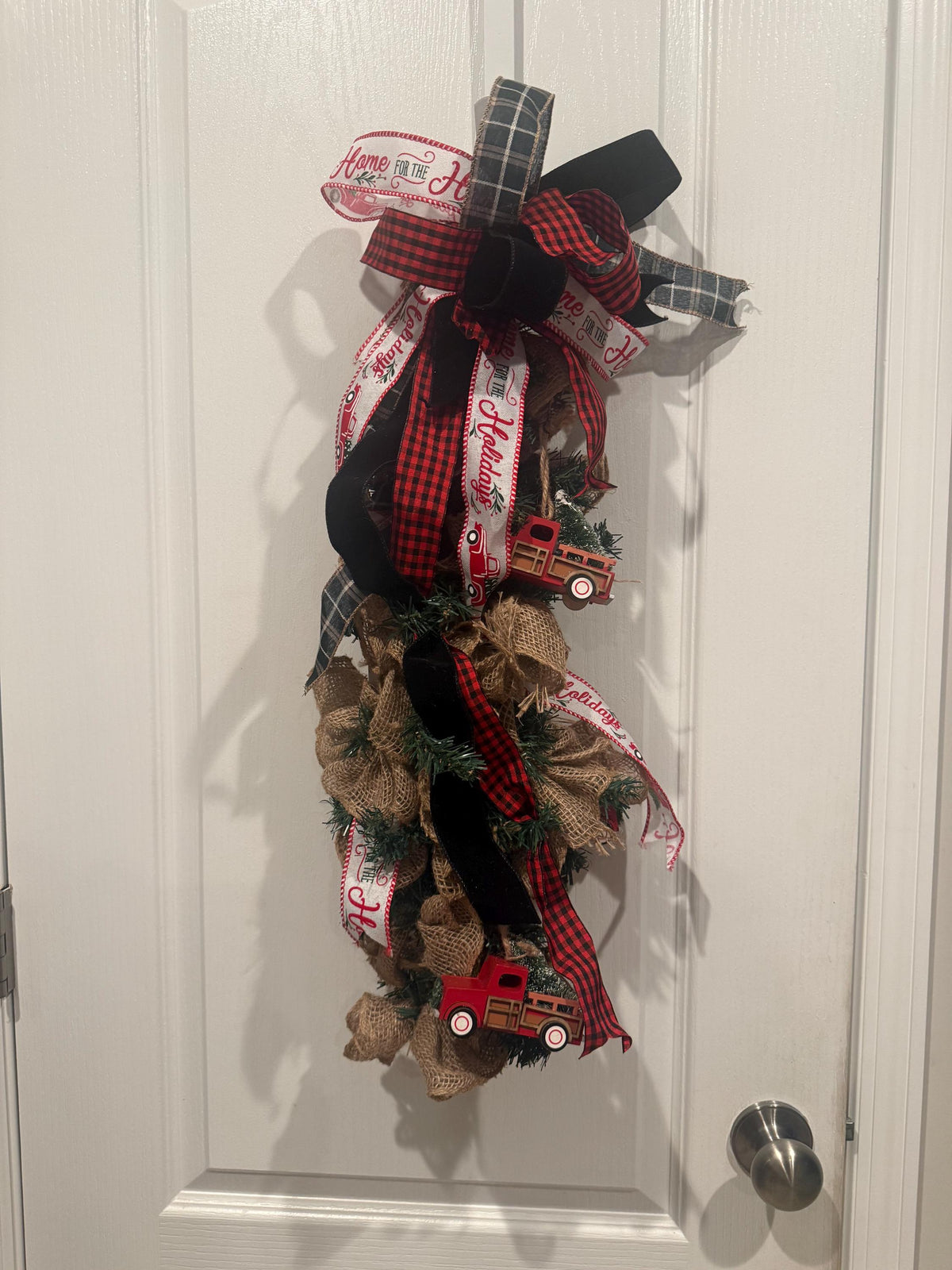 Farmhouse Christmas Swag, Burlap Red Truck, Buffalo Plaid Door Decor