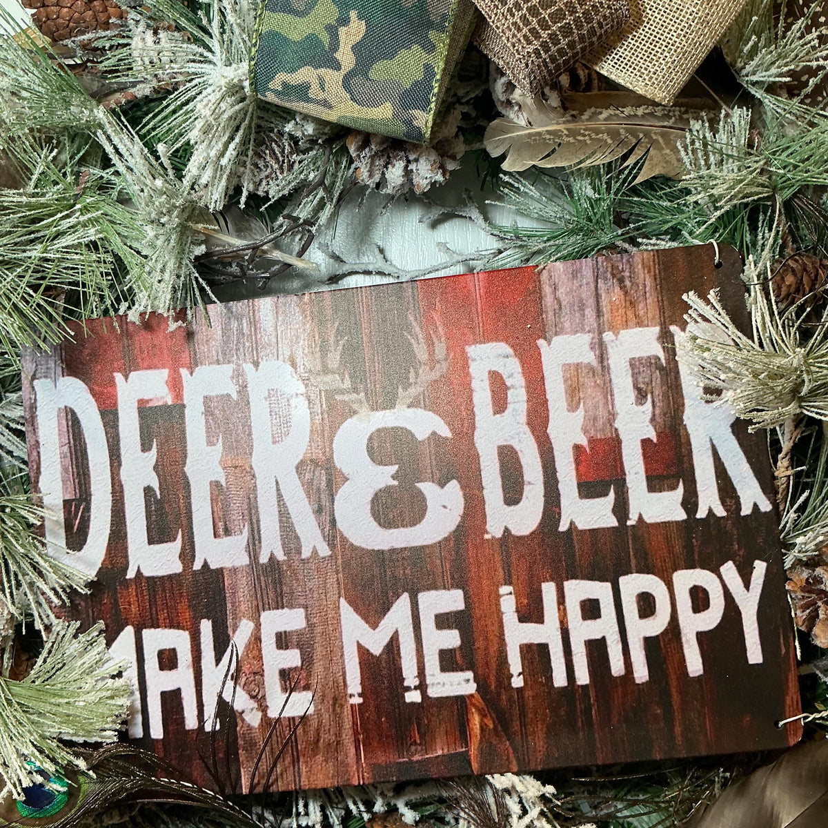 Deer and Beer Camo Wreath with Antlers, Hunter Man Cave Decor, Fathers Day Gift
