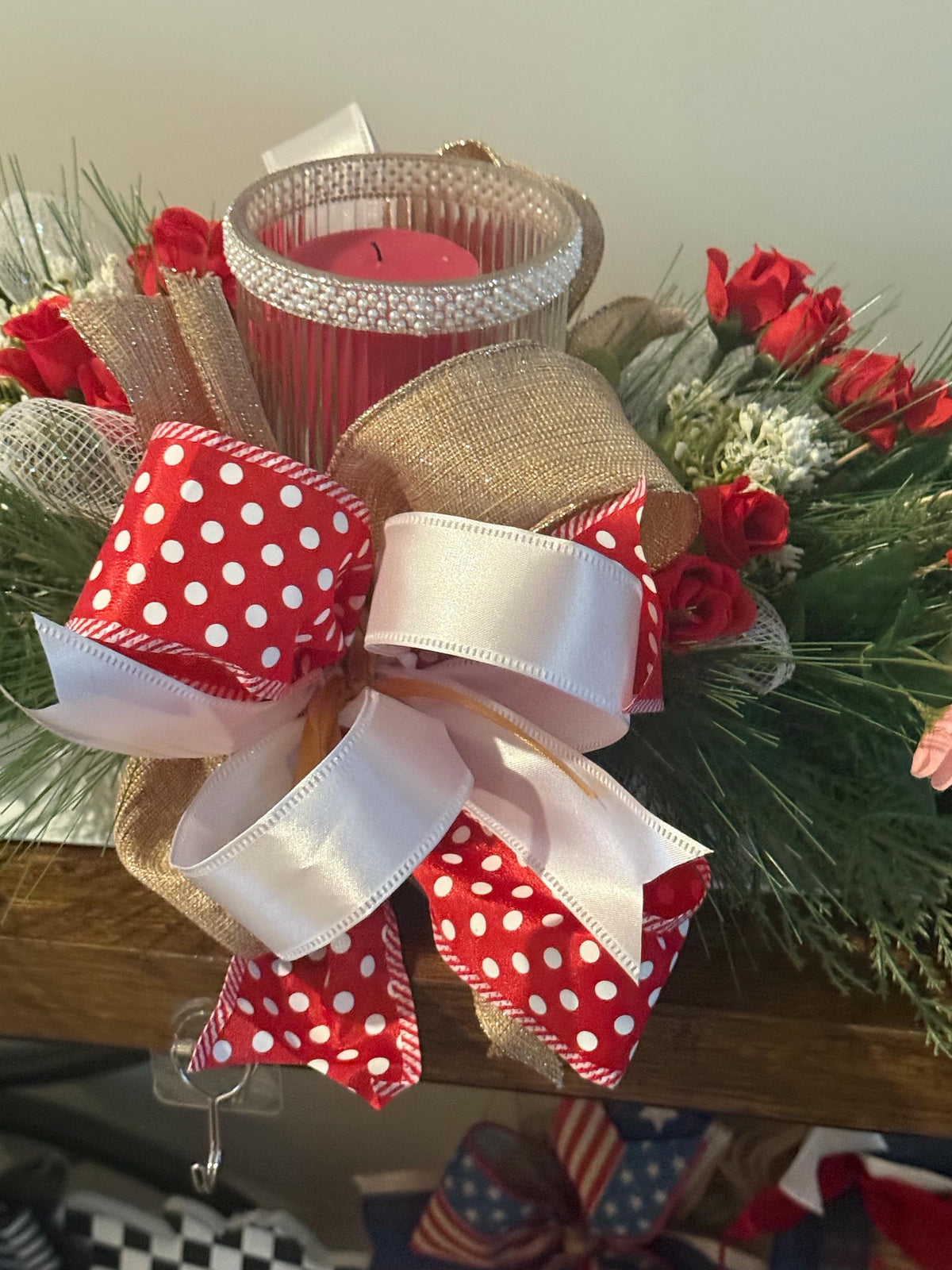 Floral Valentine Candle Centerpiece, Red Polka Dot Bow, Farmhouse Table Decor