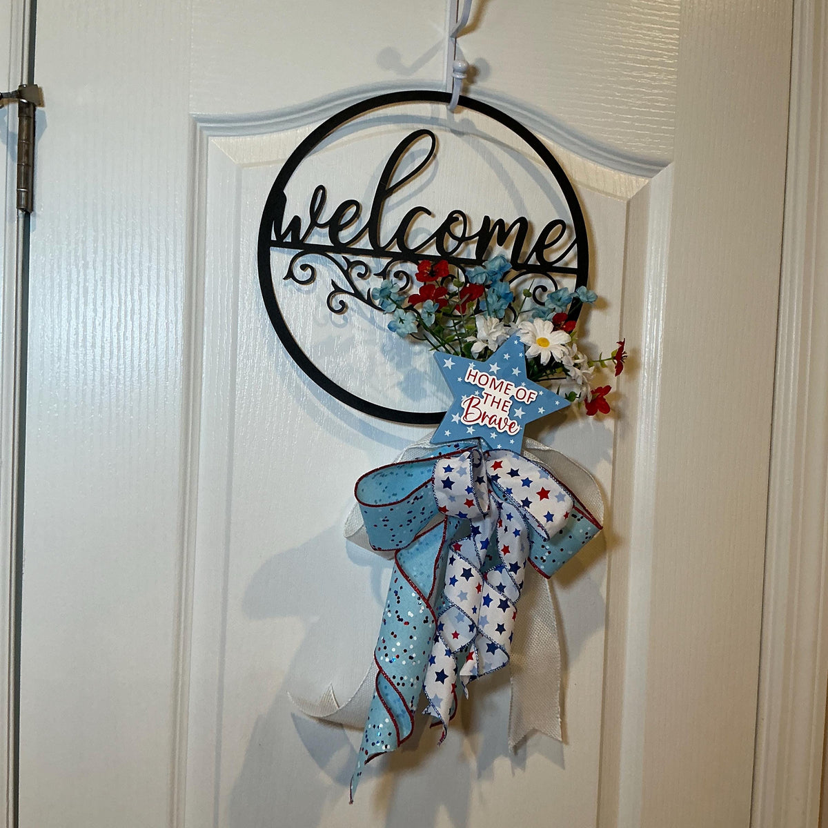 Black Metal Welcome Sign, Home of the Brave Fourth of July Front Door Decor, Red White Blue Floral