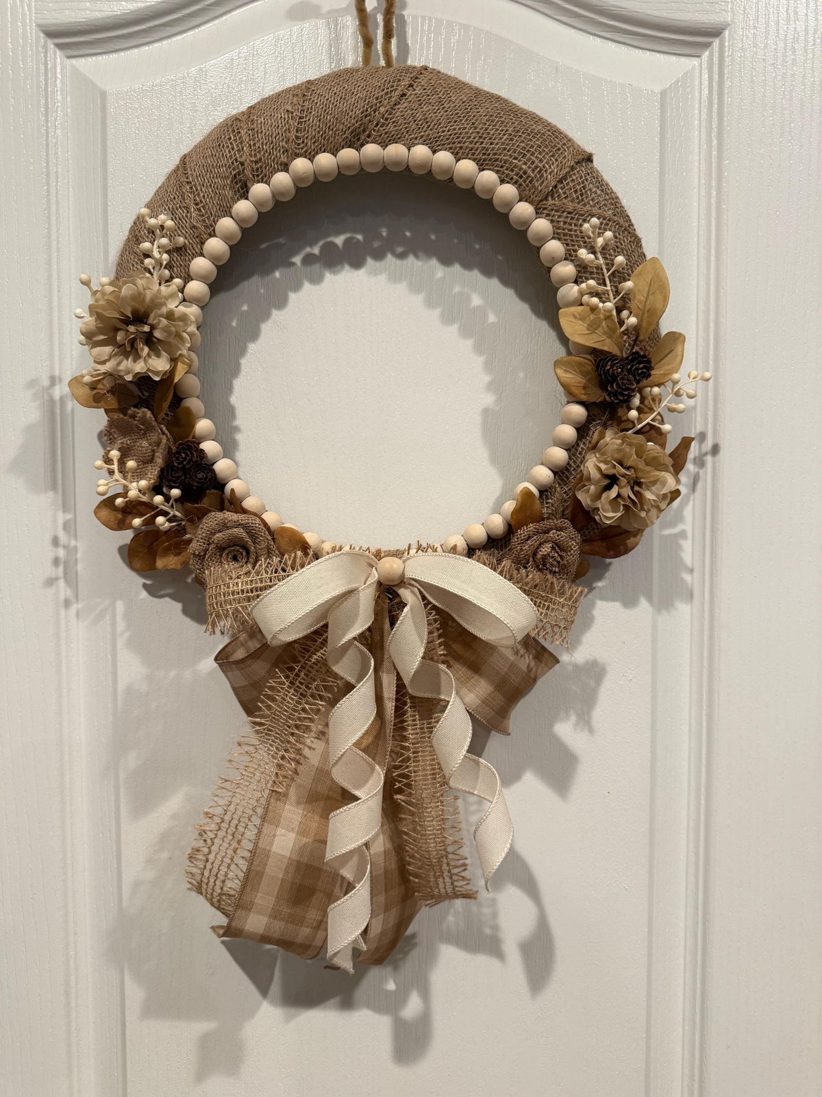 Neutral Farmhouse Wreath,Rustic Burlap Front Door Decor with wood beads and cream Florals