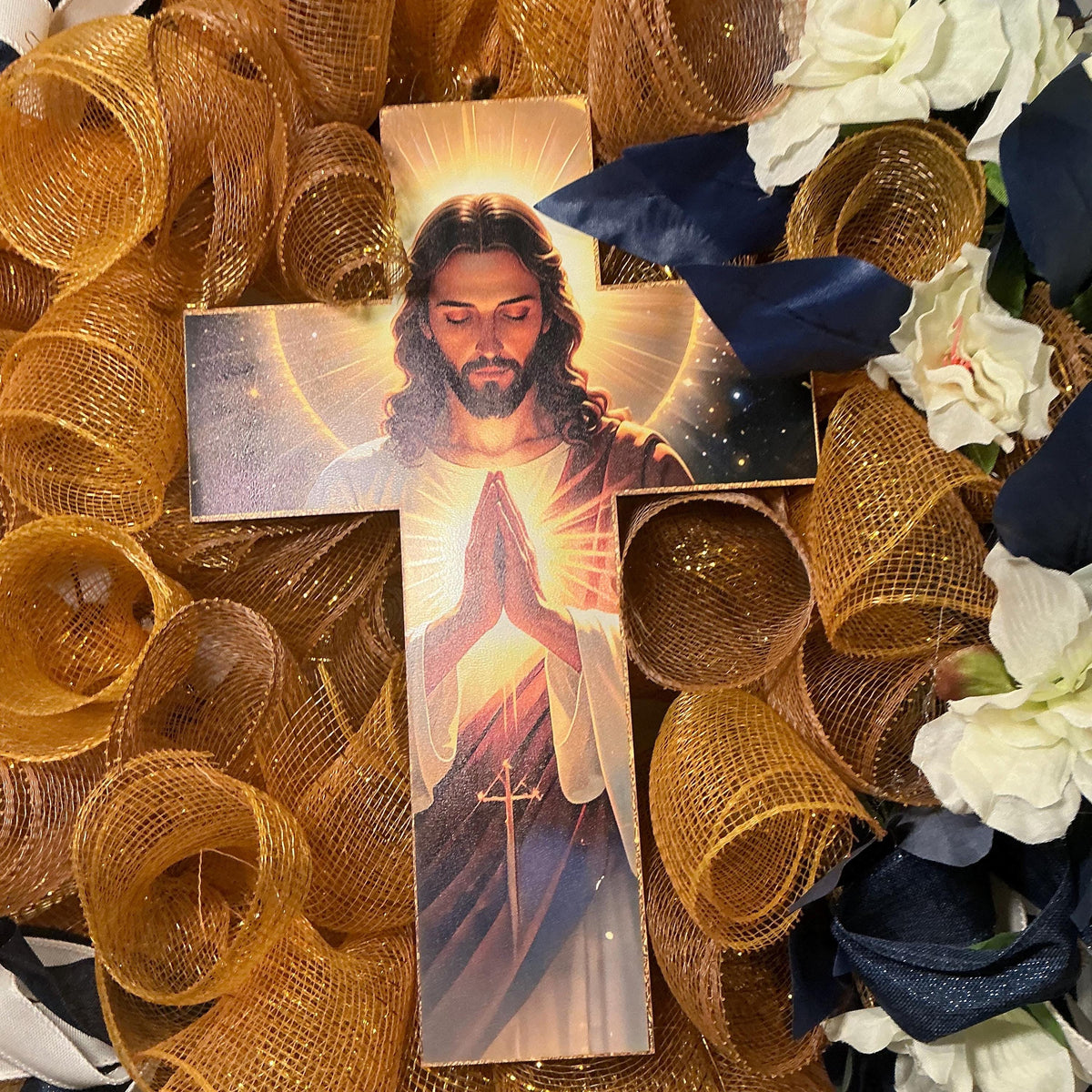 Sacred Heart of Jesus Wreath, Gold Mesh Cross Wreath, Navy Blue Religious Front Door Decor, Christian Faith Wreath, Catholic Gift Wreath