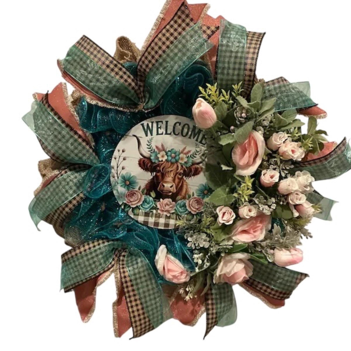 Highland Cow Mesh Wreath with Pink Roses, Sage Plaid Ribbon and Welcome Sign