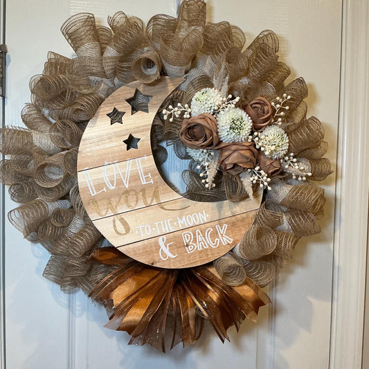Love You to the Moon Wreath, Farmhouse Front Door Wreath, Burlap Wreath, Caramel Rose Wreath, Wood Moon Sign, Romantic Home Decor