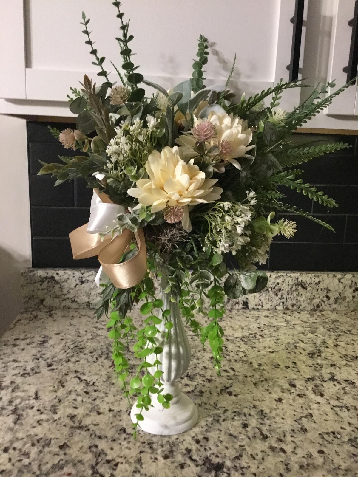 Handmade Ivory Floral Arrangement, Neutral Farmhouse Pedestal Centerpiece