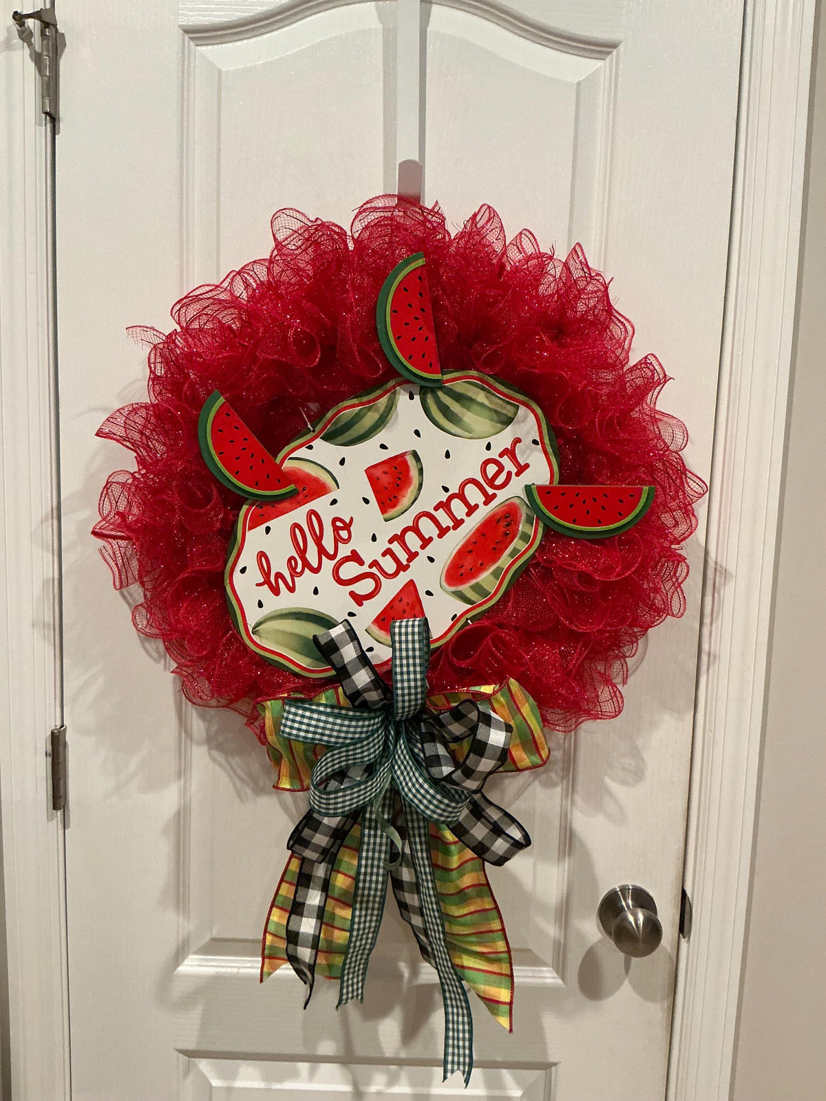 Watermelon Wreath, Hello Summer Door Decor, Buffalo Check Bow, Farmhouse Porch Accent