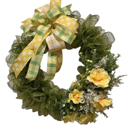 Green Yellow Floral Space Saver Wreath for Storm Door, Handmade Spring Decor