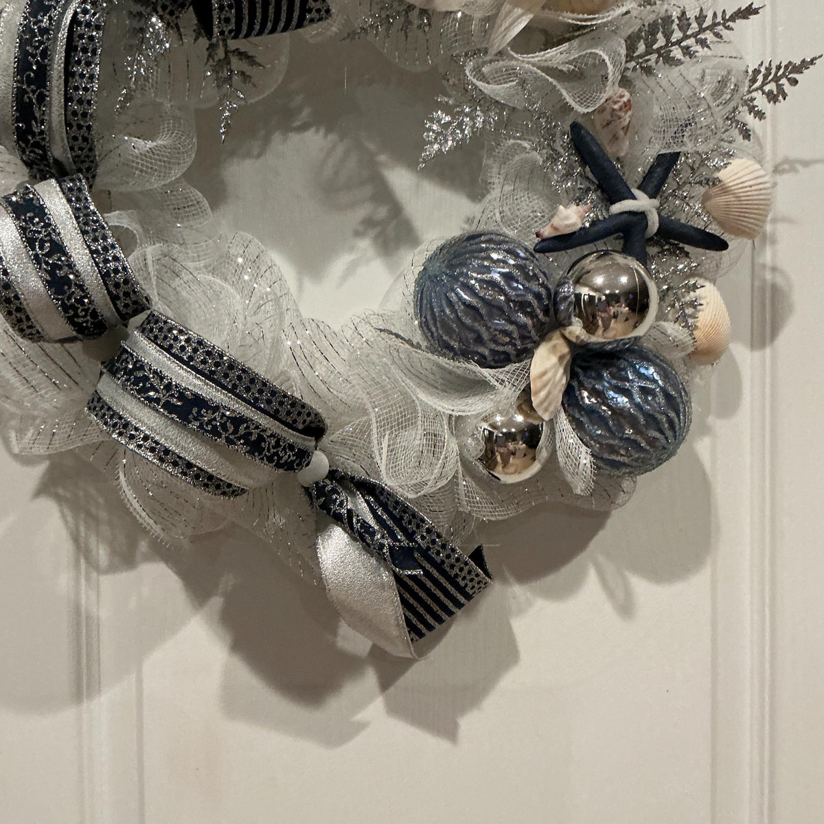 Navy Silver Coastal Christmas Wreath with Seashells and Starfish, Space Saver Door Decor