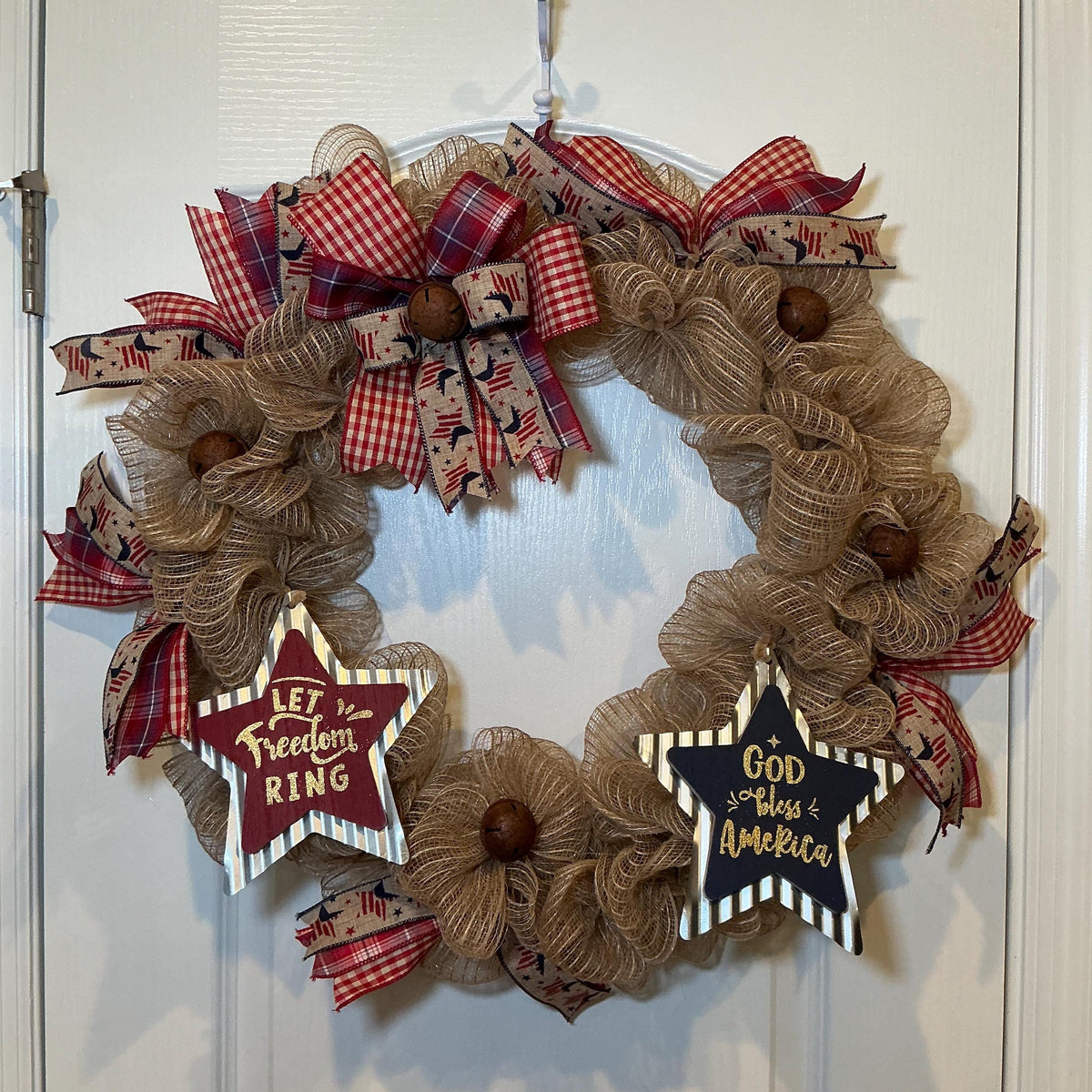 Rustic Americana Front Door Wreath, Fourth of July Wreath, God Bless America, Let Freedom Ring, Burlap Farmhouse, Jingle Bells, 18 Inch