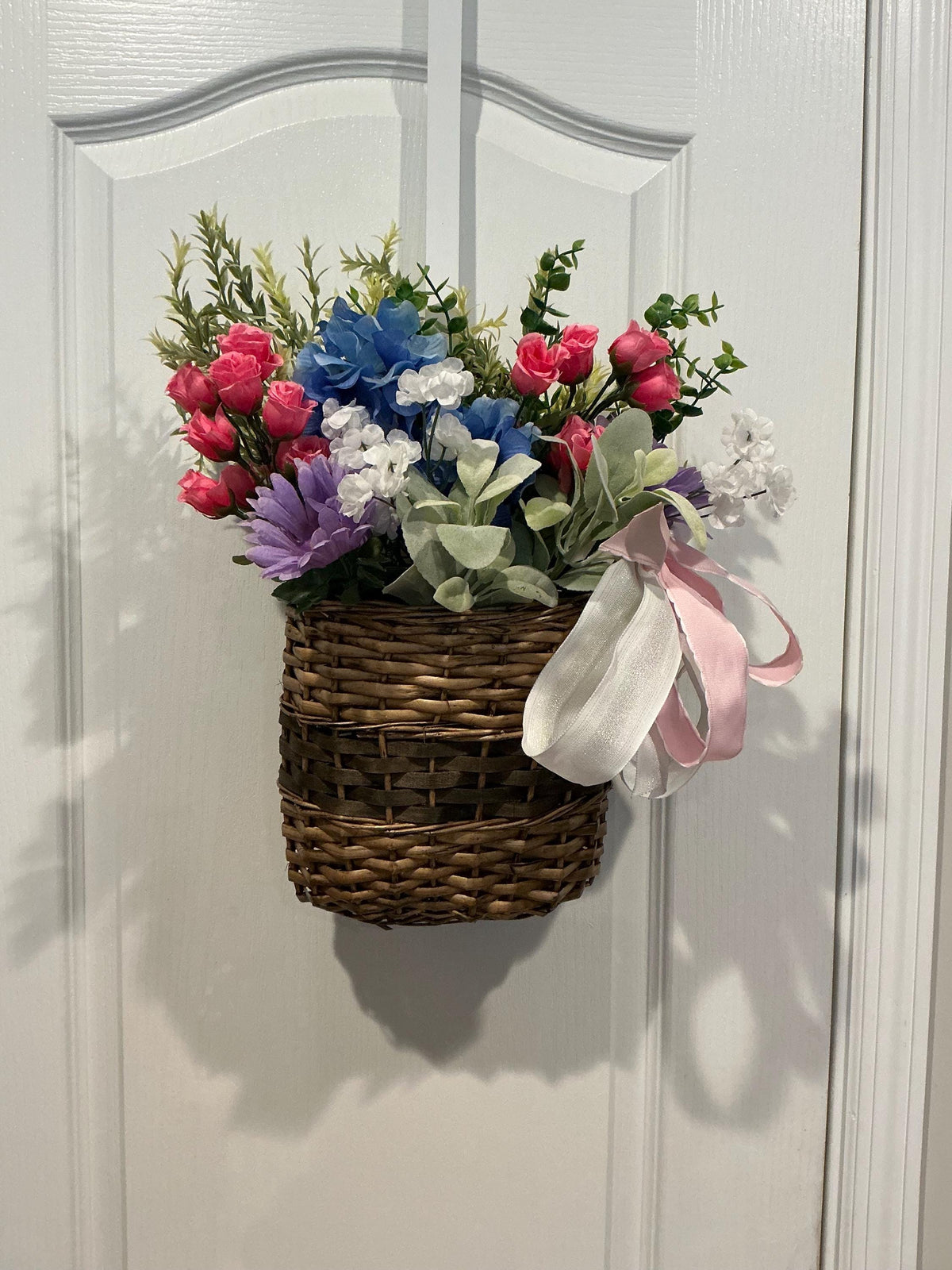 Blue Hydrangea Lavender Basket, Wicker Spring Floral Arrangement, Farmhouse Easter Mother’s Day Gift