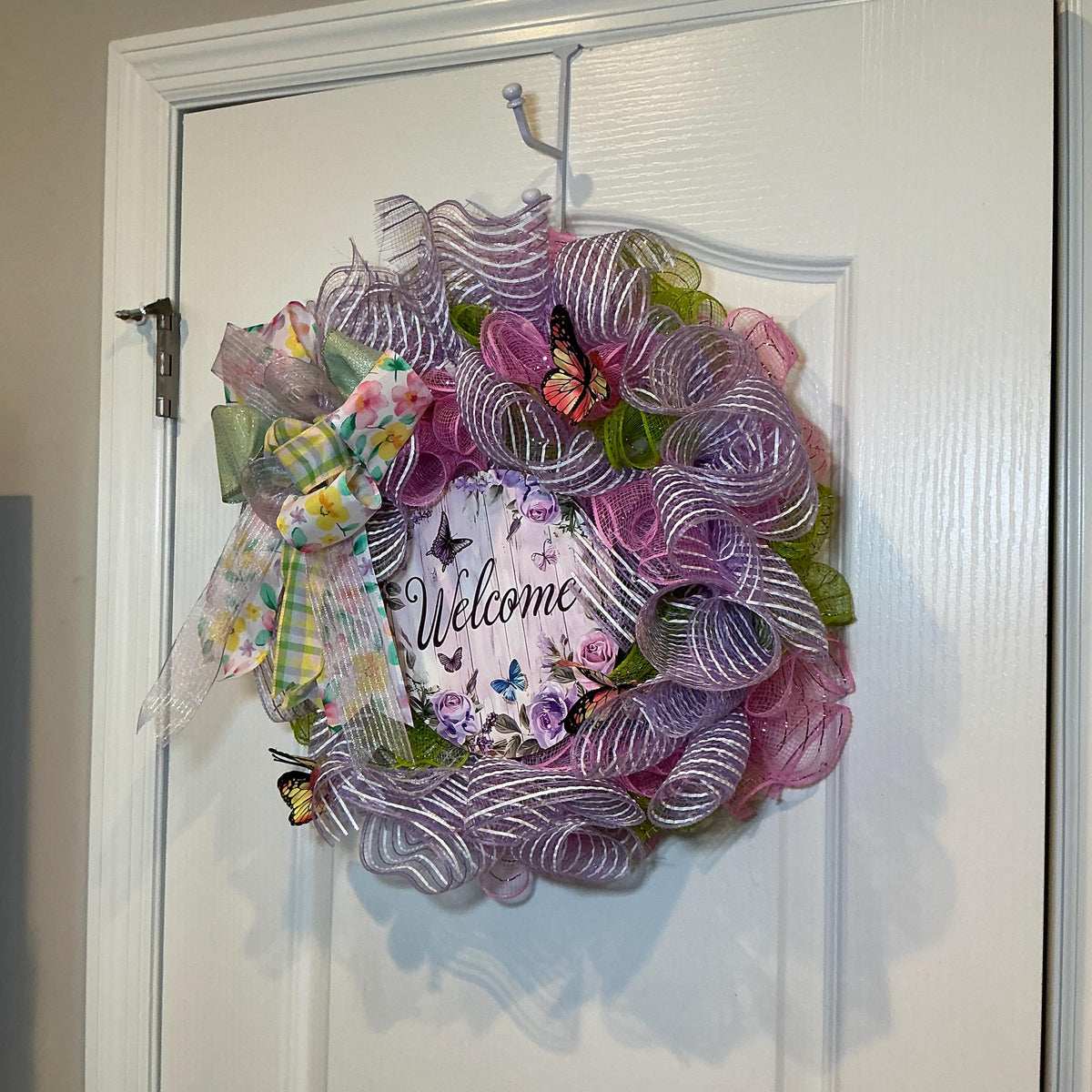 Spring Butterfly Wreath, Pink Green Purple Stripes, Mother's Day Decor