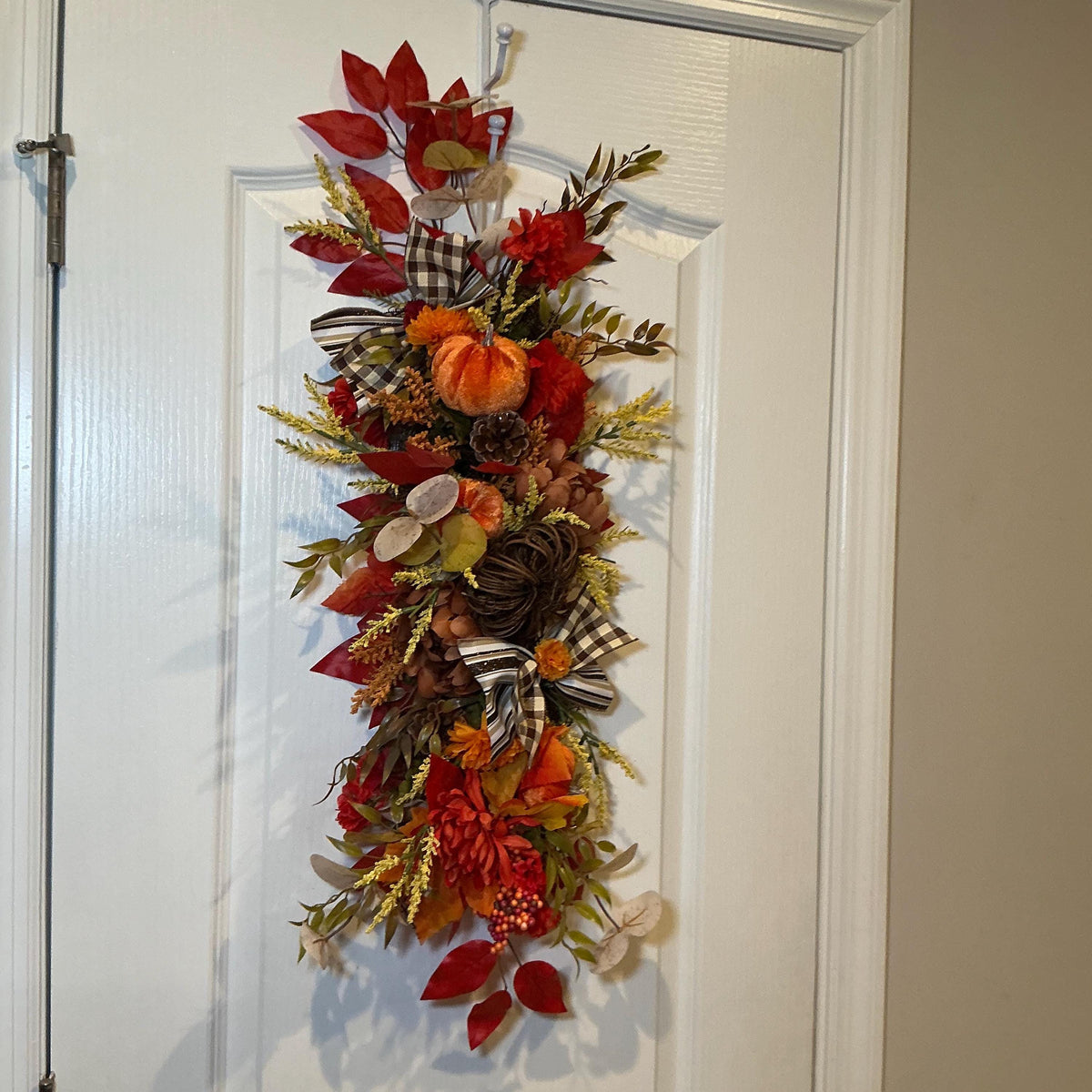 Pumpkin Fall Floral Swag, 28 Inch Buffalo Check Bow Door or Mantel Decor