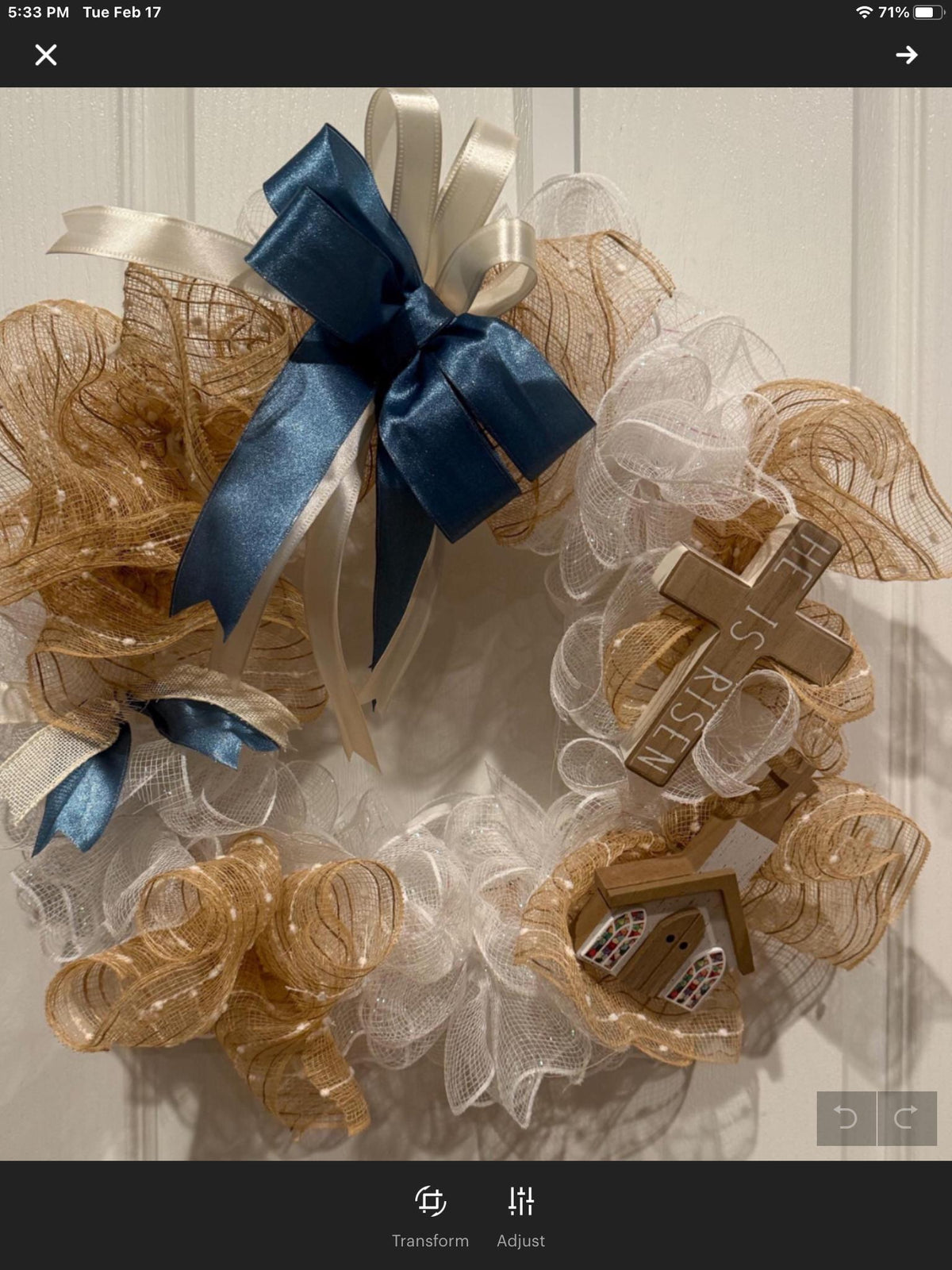 14 Inch Blue Ribbon Cross Wreath with Buffalo Check Bow, Christian Front Door Decor