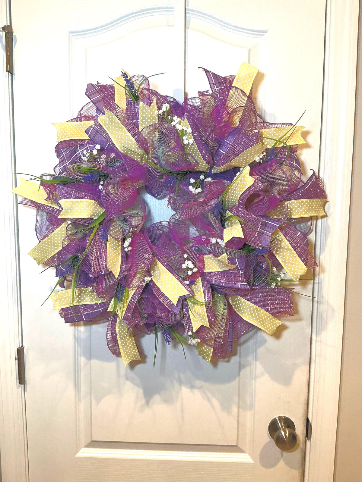 Purple Lavender Wreath, Farmhouse Style, Yellow Polka Dot Ribbon, Baby Breath Accents, 14 Inch