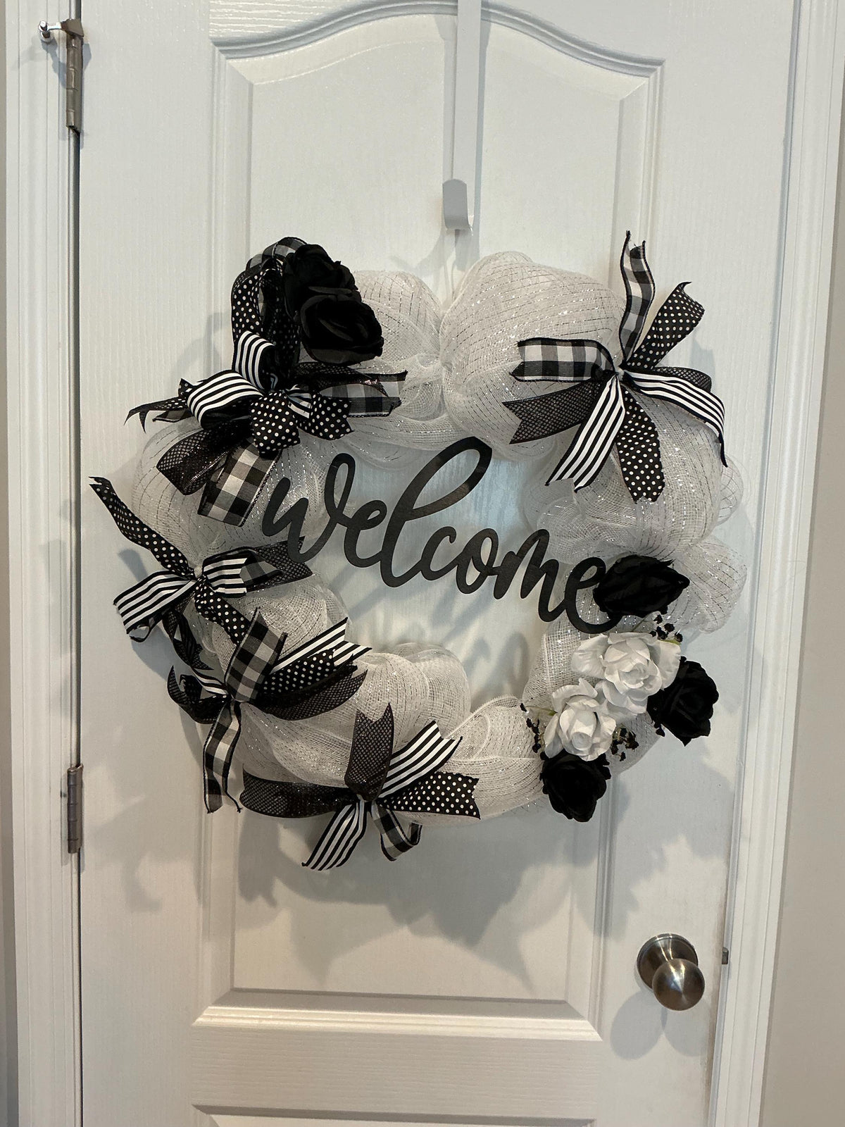 Welcome Black White Wreath, Buffalo Plaid Roses, Farmhouse Door Decor
