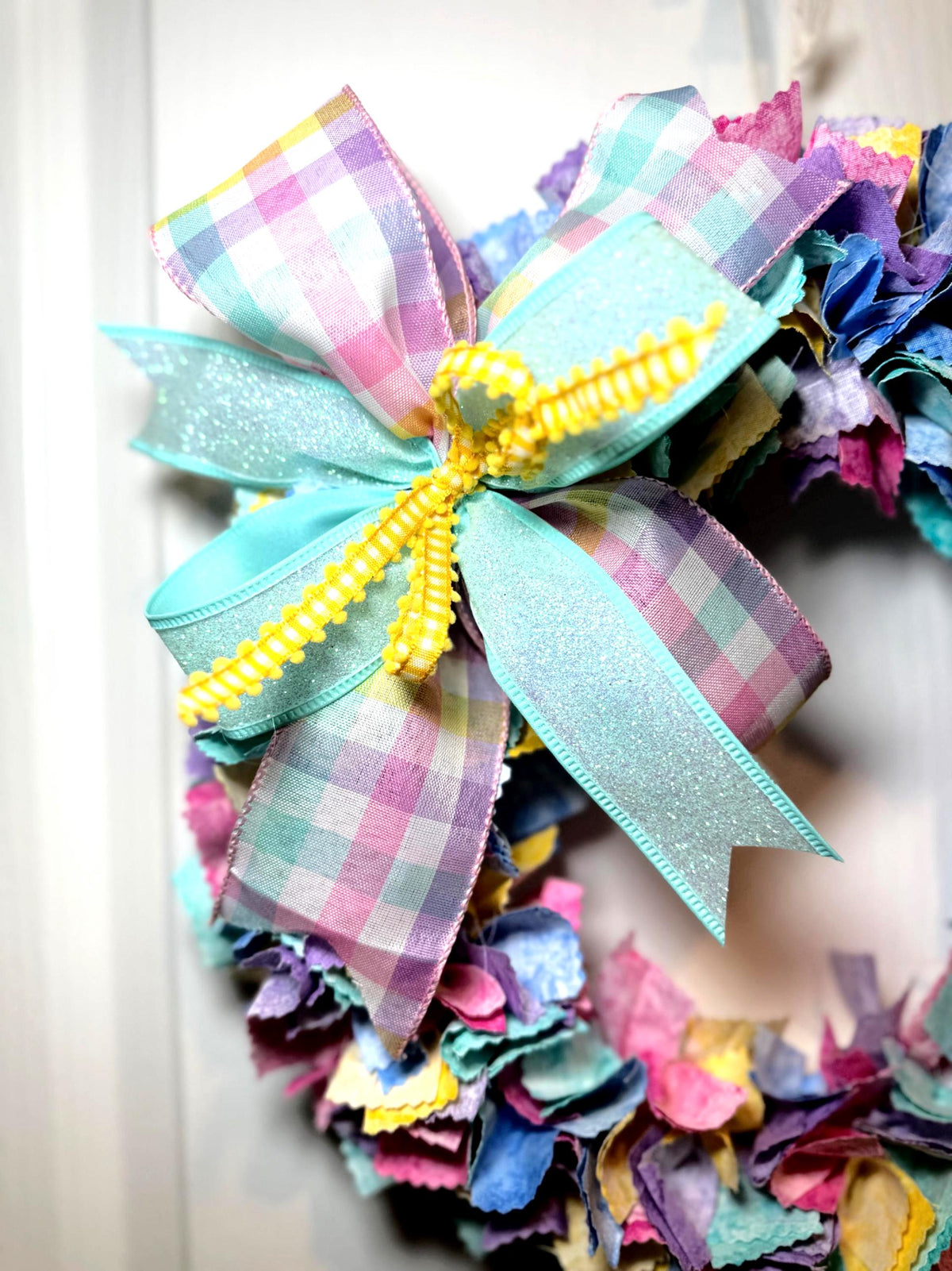 Handcrafted Pastel Rag Wreath, Easter Bunny, Spring Farmhouse Decor