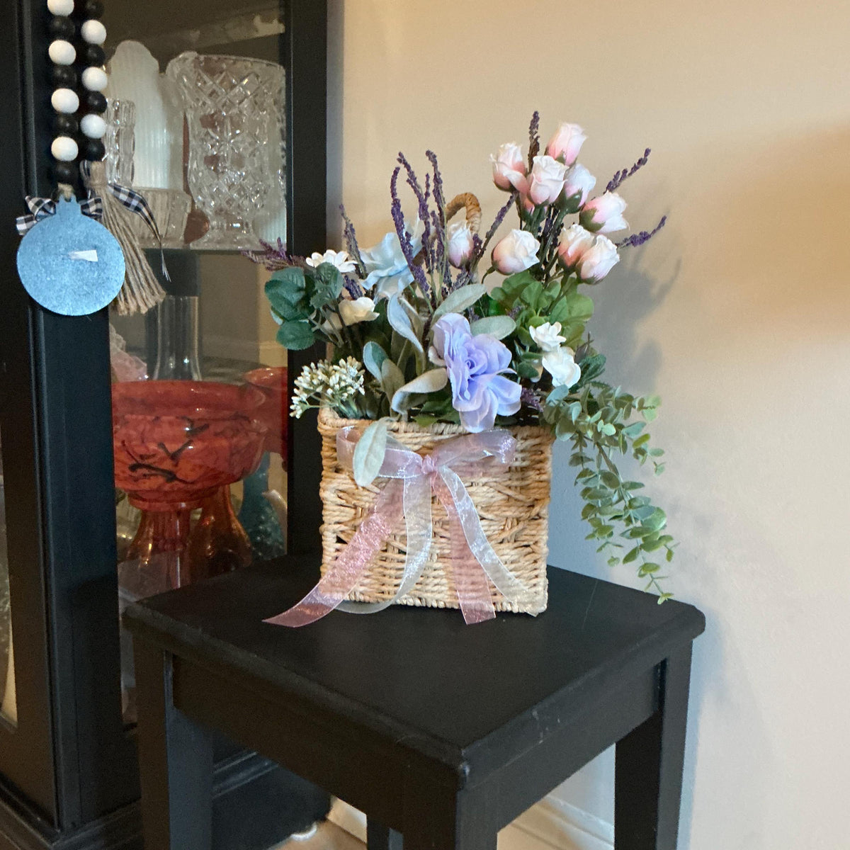 Pink Rose Lavender Centerpiece, Wicker Basket Floral Arrangement, Periwinkle Hydrangea, Farmhouse Table Decor
