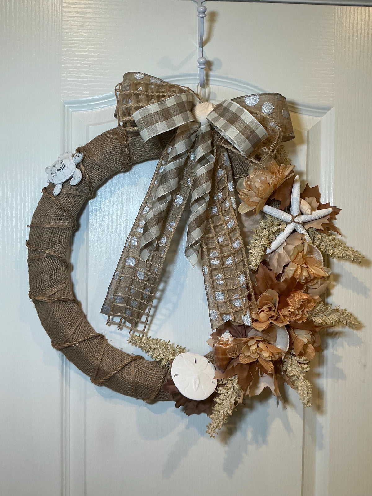 Coastal Fall Burlap Wreath, 18 Inch Sand Dollar Starfish Turtle and Autumn Leaves