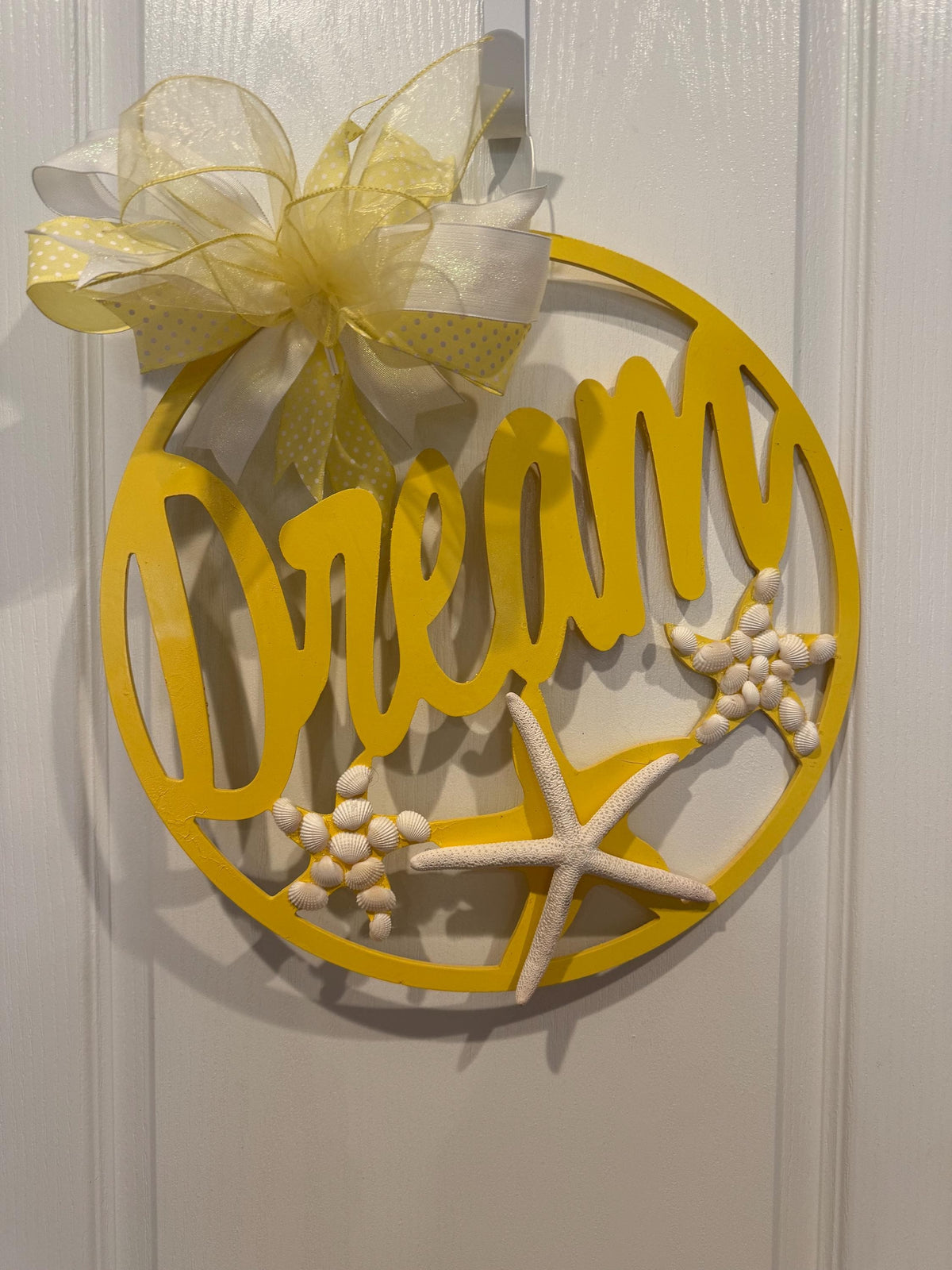 Yellow Wood Door Hanger, Coastal Beach Decor, Starfish Shell Summer Sign