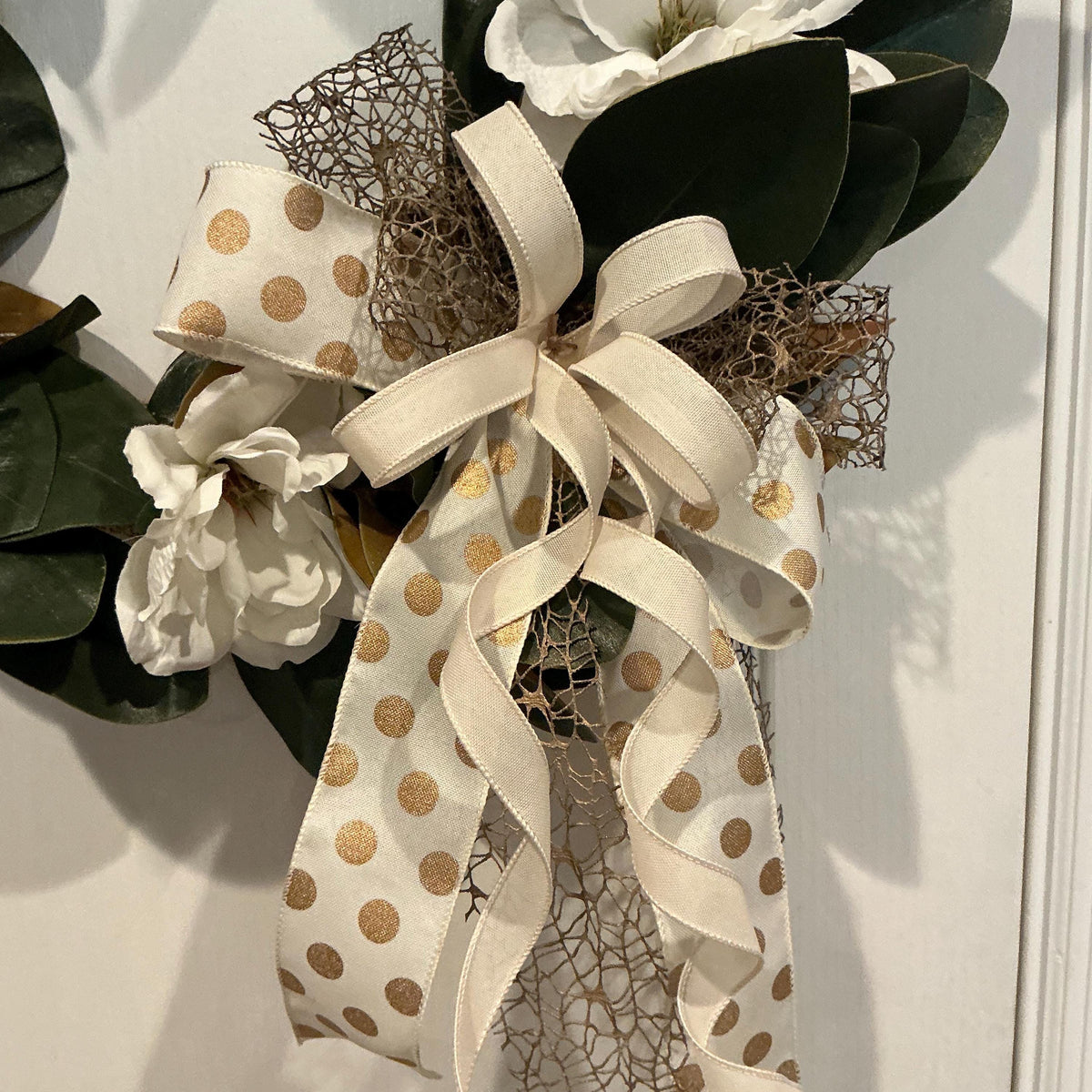 Magnolia Farmhouse Wreath, Everyday Front Door Decor, White Floral Pinecone Wreath, Rustic Year Round Accent, 18 Inch Door Wreath