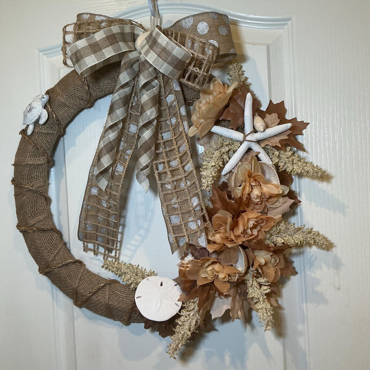 Coastal Fall Burlap Wreath, 18 Inch Sand Dollar Starfish Turtle and Autumn Leaves