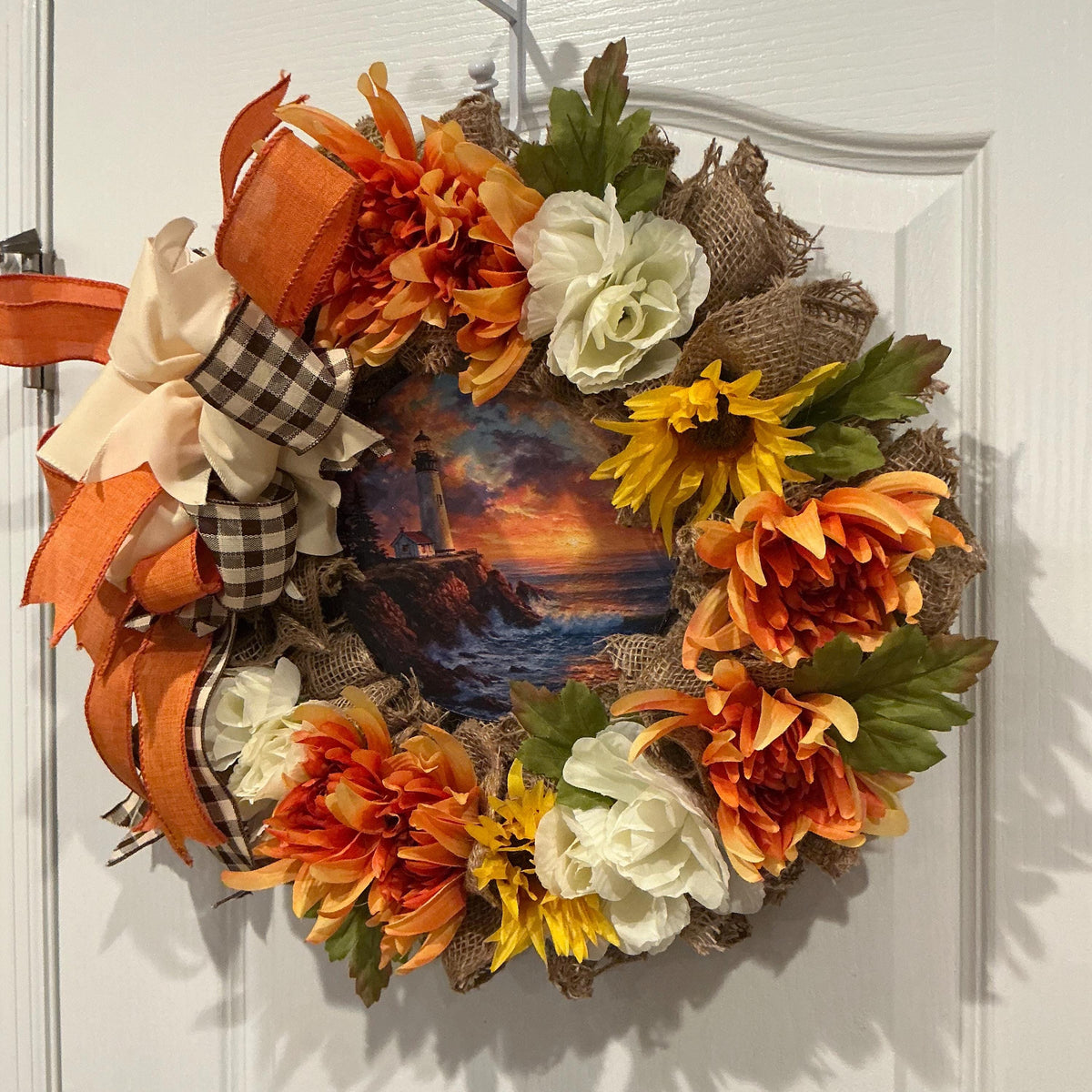 Lighthouse Sunset Coastal Wreath, 14 Inch Burlap Fall Door Decor