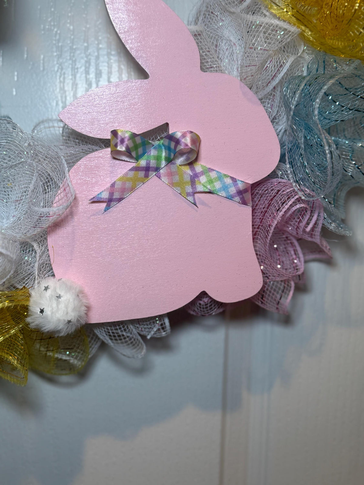 Pastel Easter Bunny Mesh Wreath ,Pastel Spring Front Door Decor, Farmhouse Easter Door Hanger