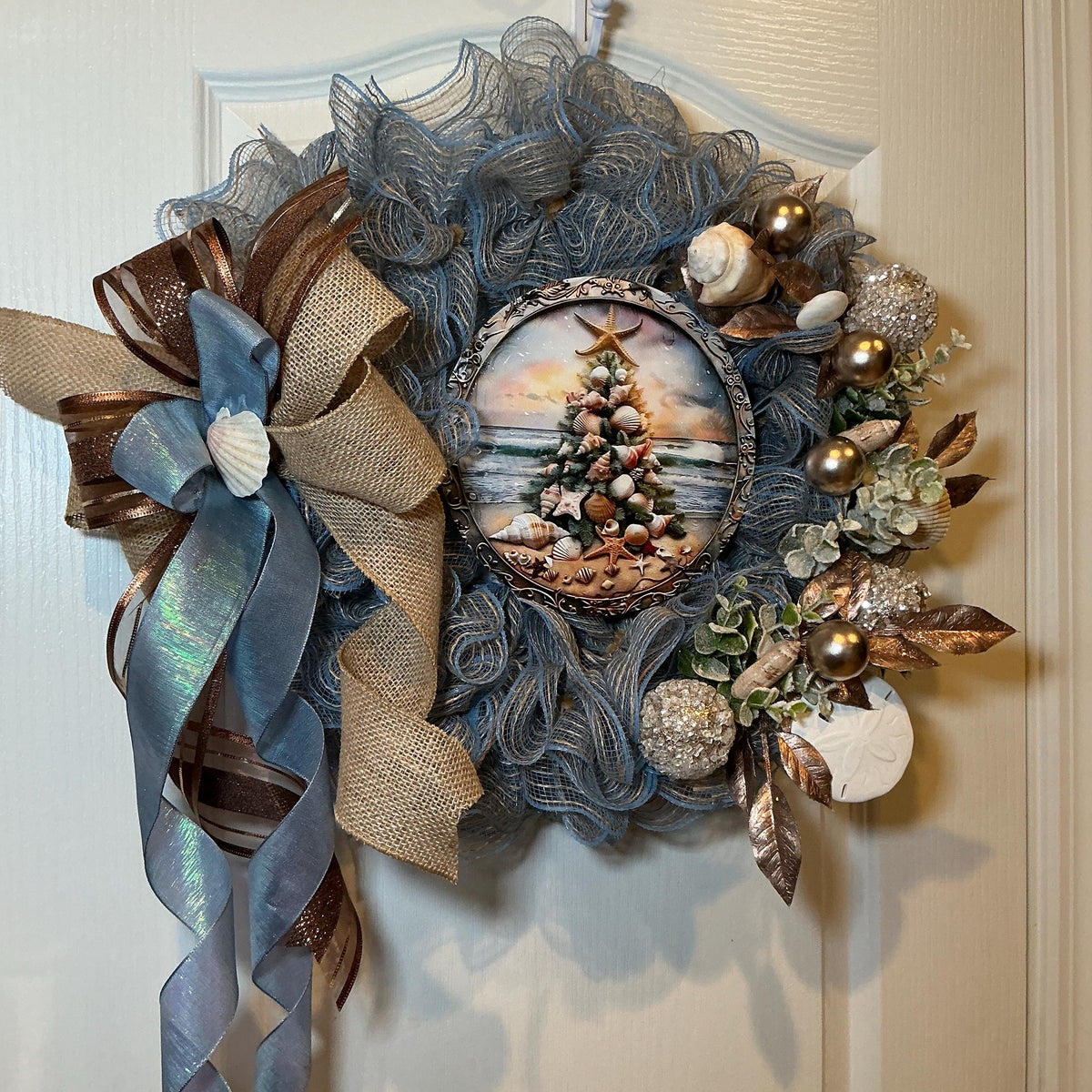 14 Inch Coastal Christmas Wreath with Nautical Seashell Tree, Blue Gold Beach Decor