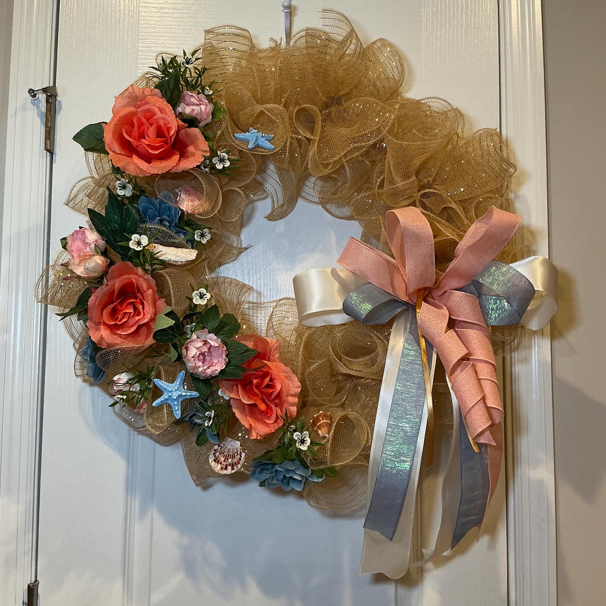 Gold Glitter Coastal Wreath, 18 Inch Dusty Blue Peach Florals with Seashells