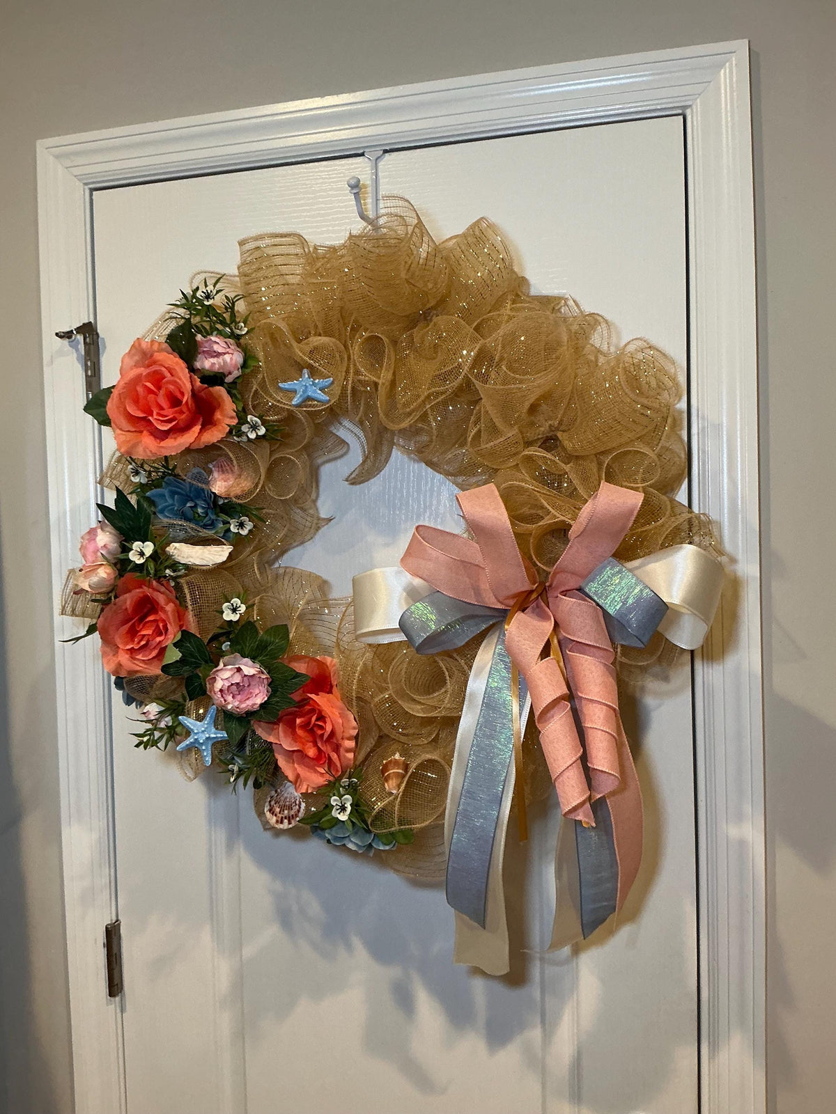 Gold Glitter Coastal Wreath, 18 Inch Dusty Blue Peach Florals with Seashells