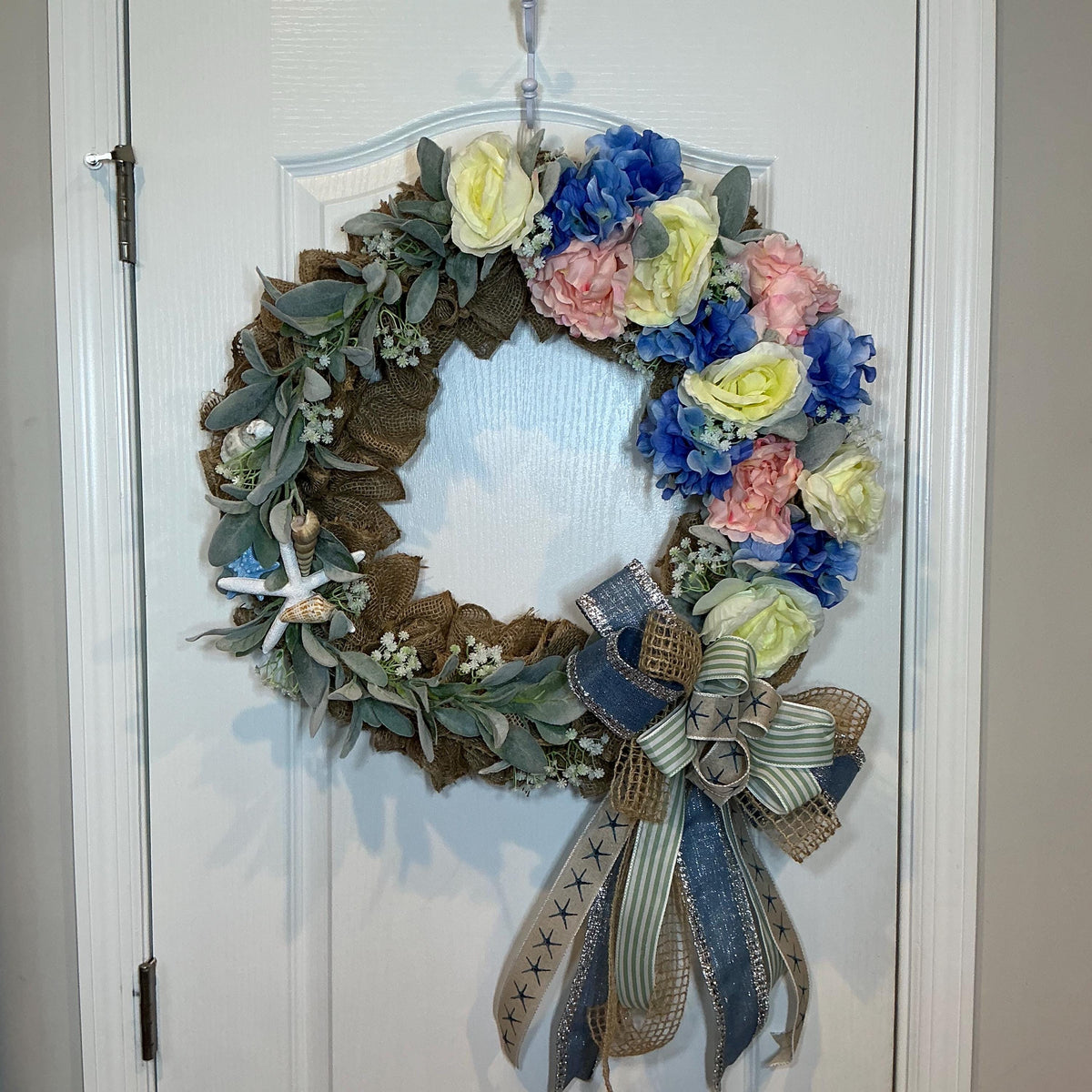 Burlap Hydrangea Coastal Wreath with Seashells, Starfish and Lambs Ear, Front Door Decor