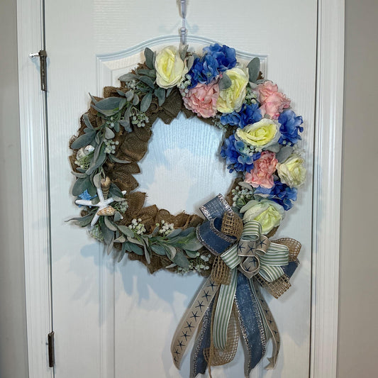 Burlap Hydrangea Coastal Wreath with Seashells, Starfish and Lambs Ear, Front Door Decor