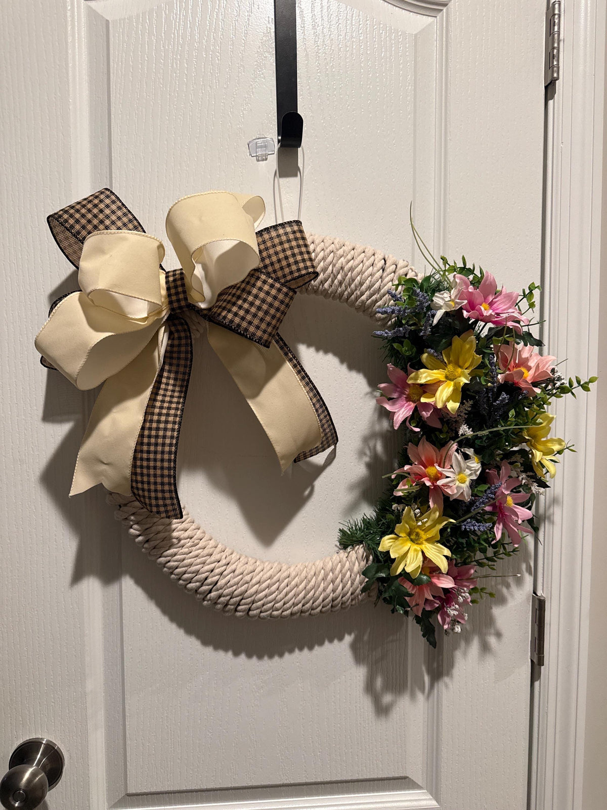Cotton Rope Floral Wreath with Plaid Bow, Farmhouse Front Door Decor