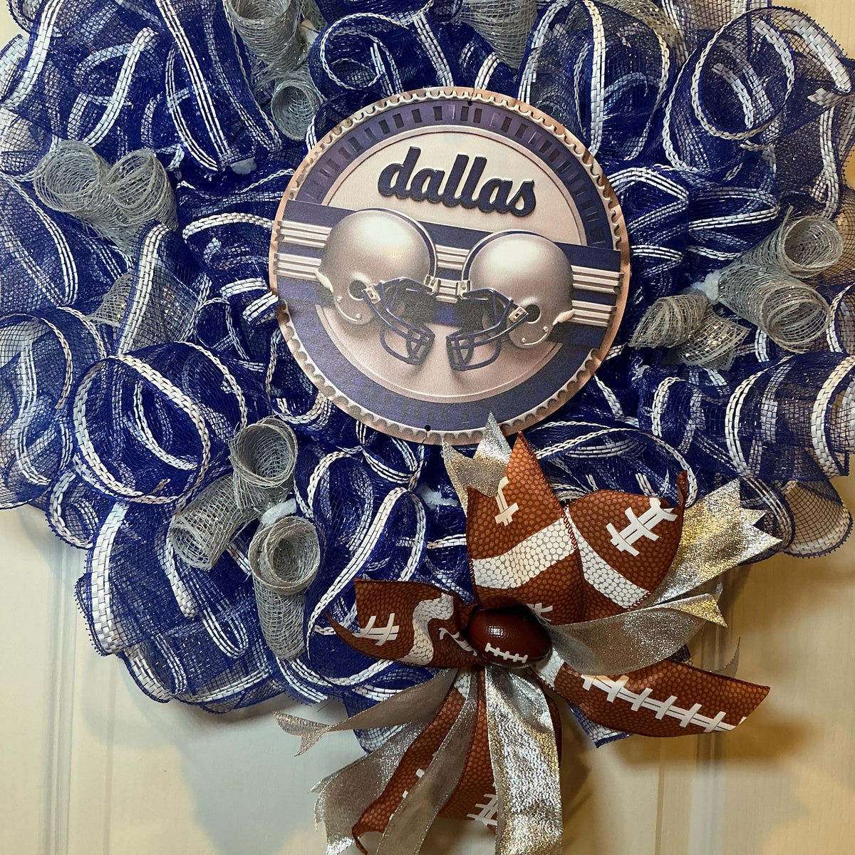 Navy Silver Star Football Wreath with Helmet Sign, Game Day Man Cave Decor