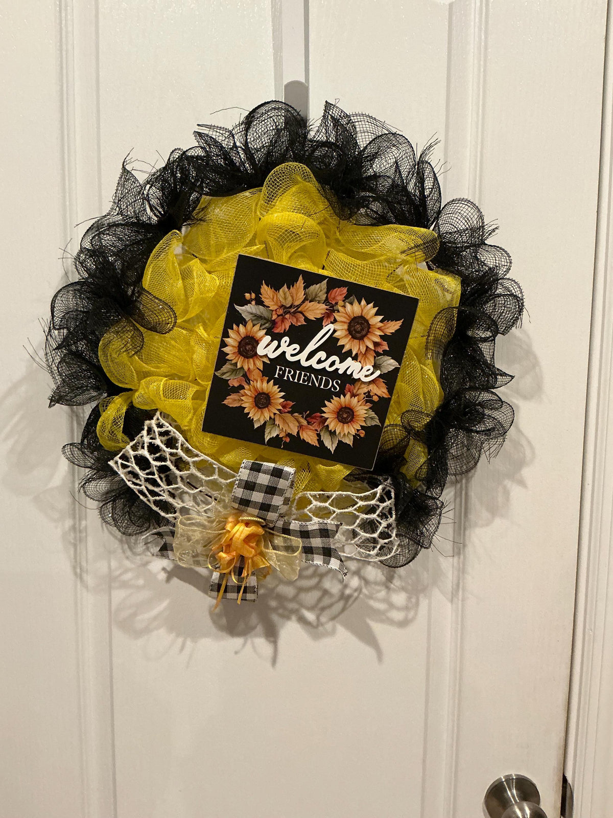 Sunflower Wreath, Black Yellow Buffalo Check, Summer Fall Door Decor