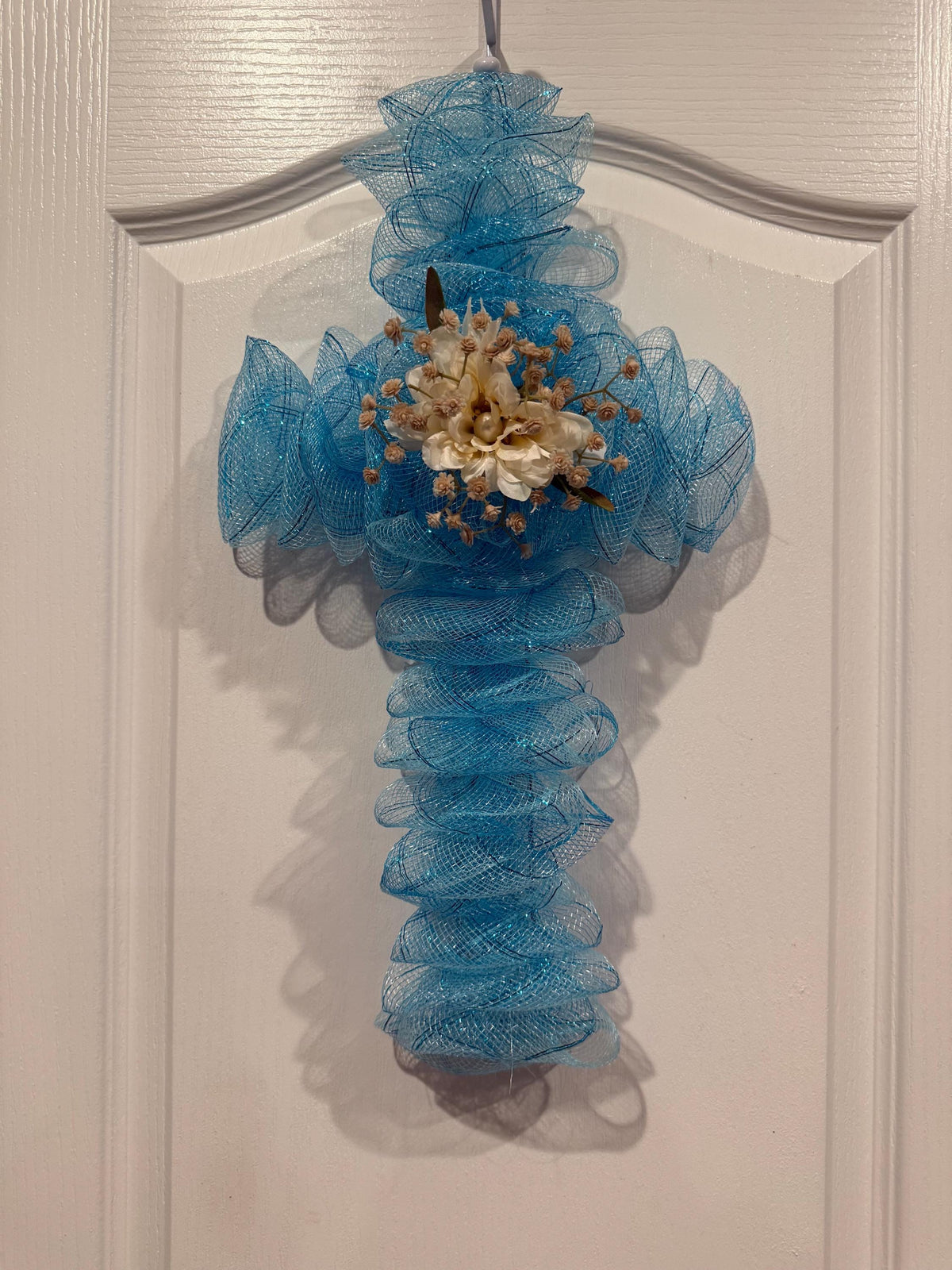 Sky Blue Cross, Ivory Floral Faith Decor, Handmade Church Door Wall Hanging