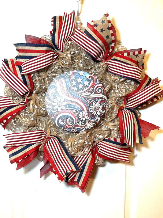 Paisley Star Americana Wreath, Red White Blue Stars and Stripes, Fourth of July Decor