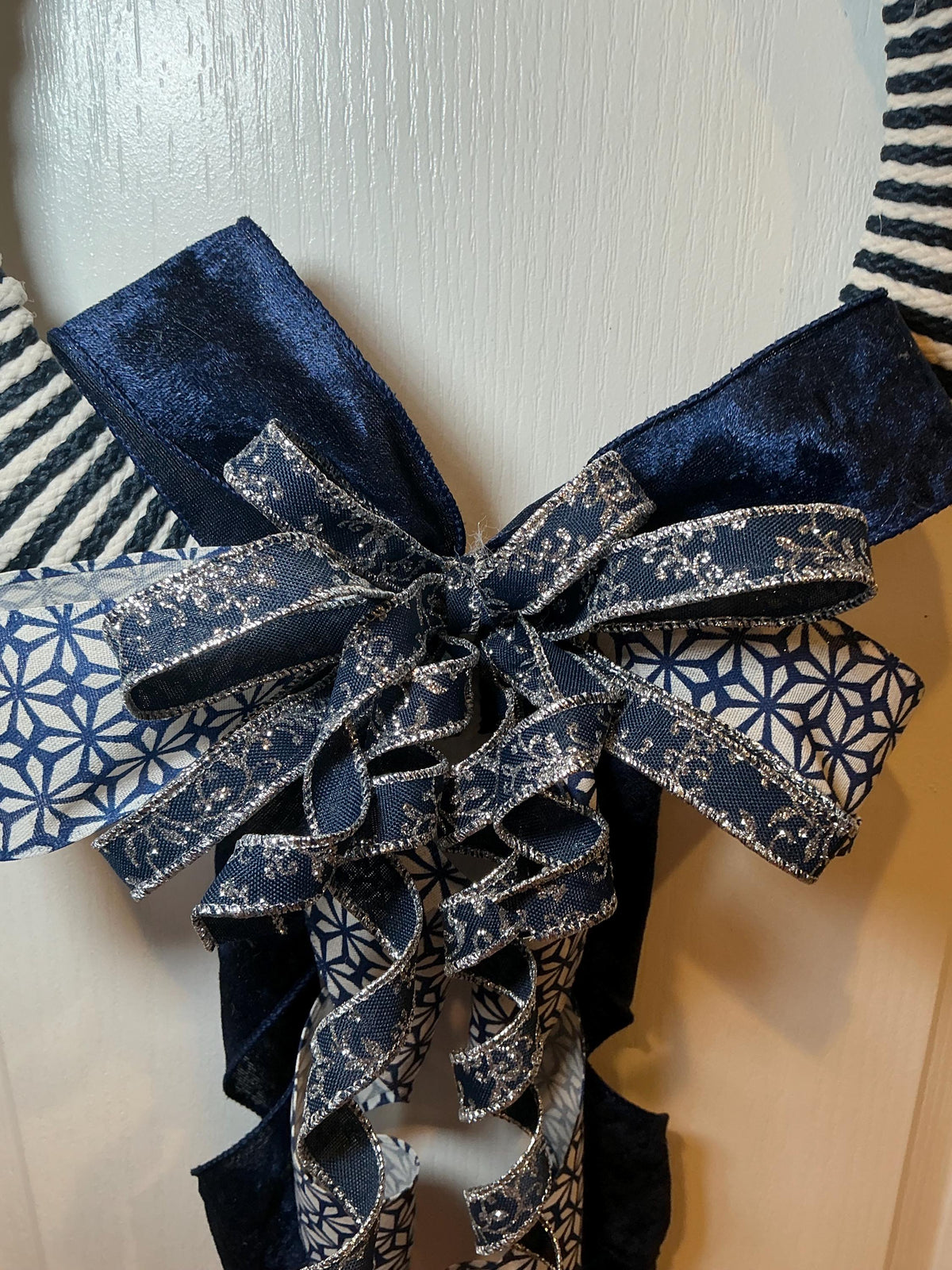 Navy White Striped Rope Wreath, Farmhouse Front Door Wreath, Nautical Star Ribbon Bow, Blue Silver Everyday Wreath