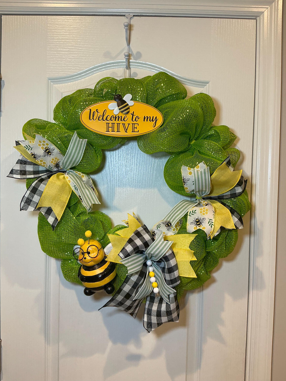 Welcome to My Hive Wreath, Bumble Bee & Buffalo Plaid Spring Summer Door Decor.